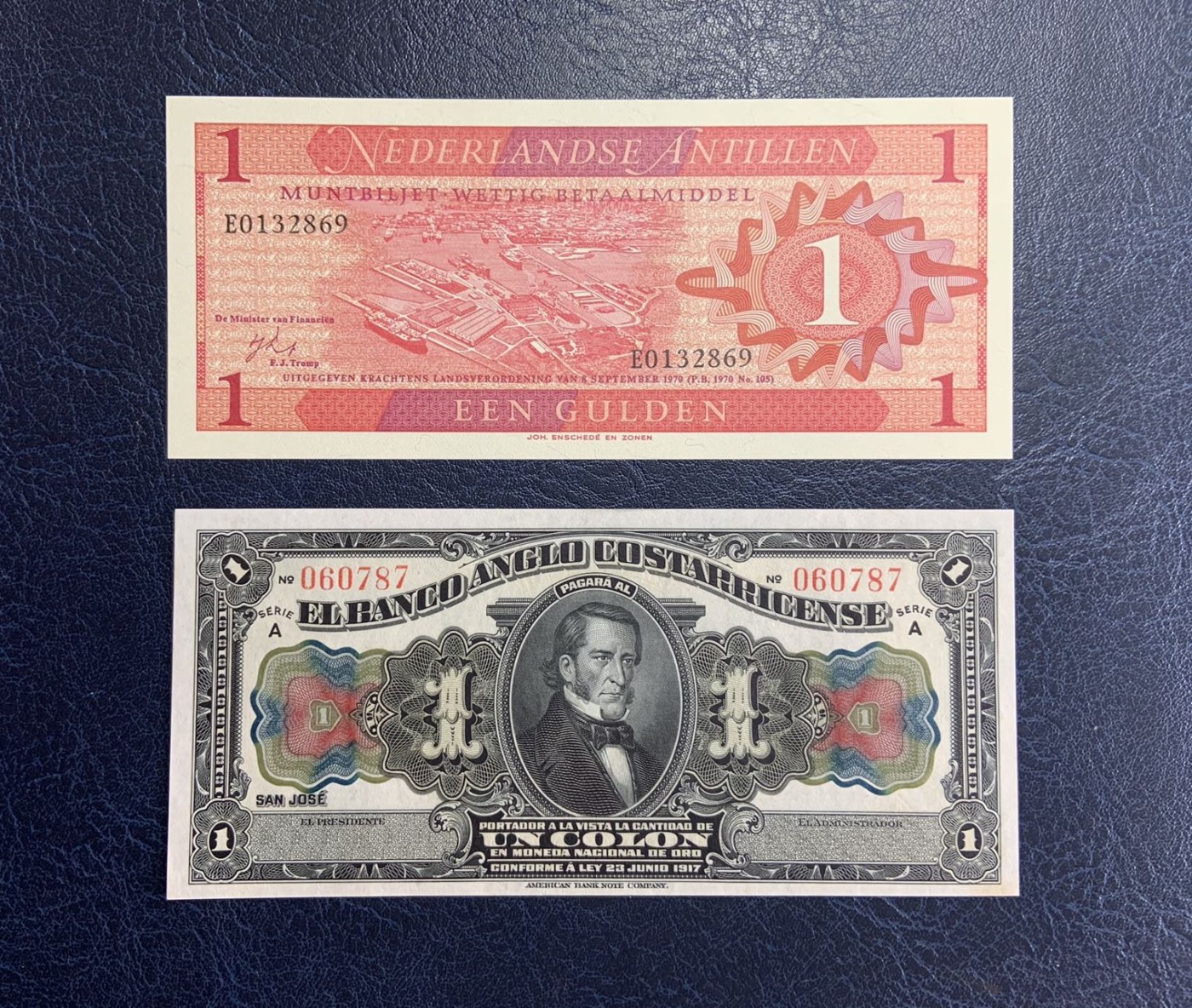 收藏联盟Quantum Auction 第278期拍卖  荷属安德烈斯1970年1盾和哥斯达黎加1917年1克朗 品相分别为全新UNC 和UNC 哥斯1克朗一角有黄