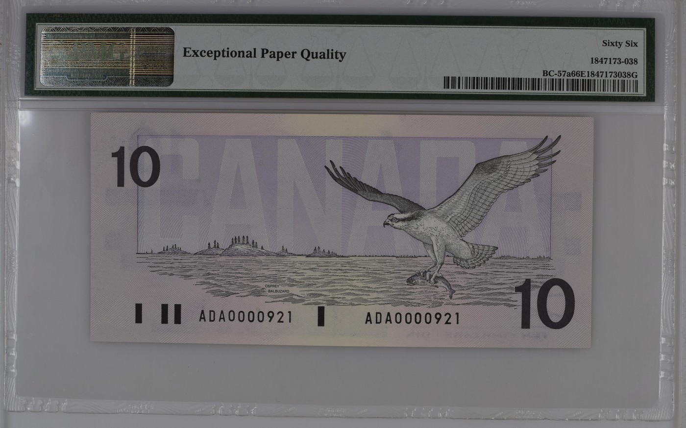 收藏联盟Quantum Auction 第278期拍卖   加拿大1989年10元 PMG66 a版 百位号且无3457
