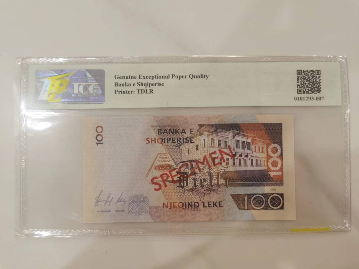 247.【鲸贝乐淘★两拍包邮】三字经·第“三才者，天地人”号拍卖 【阿尔巴尼亚★全零票样样币】1996年100列克，全零票样样币，TQG66E