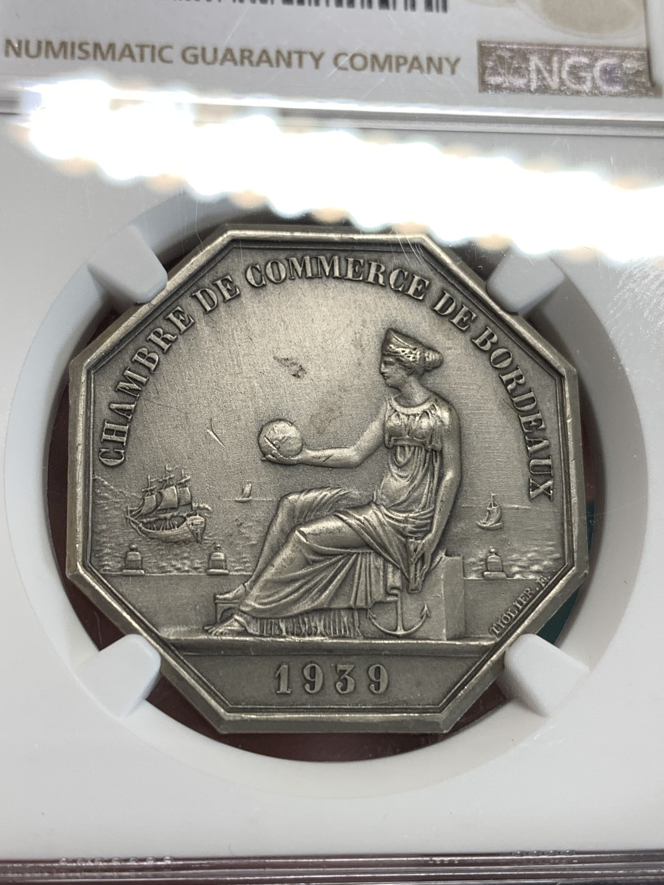 《竞宝斋》第185场-周日，周一 2场 (全场包邮) NGC MS62 法国1939波尔多商业八角银质代币