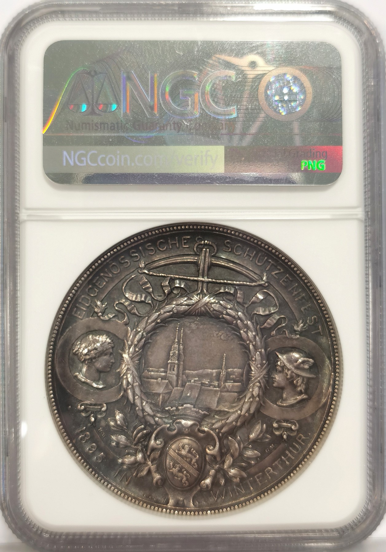 博洋堂世界钱币拍卖第037期（全场包邮） NGC MS61 1895年瑞士温特图尔射击节银章 原包浆状态非常棒