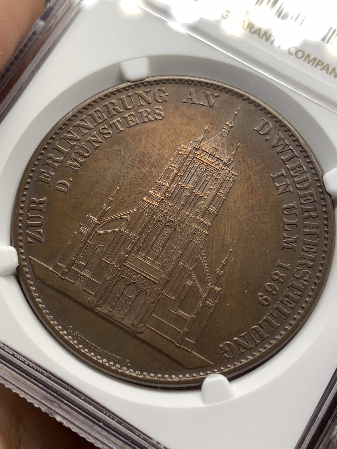 《竞宝斋》第186场-周日，周一 2场 (全场包邮) NGC-UNC 德国1923年乌尔姆教堂修复纪念铜章，一面和教堂泰勒同款