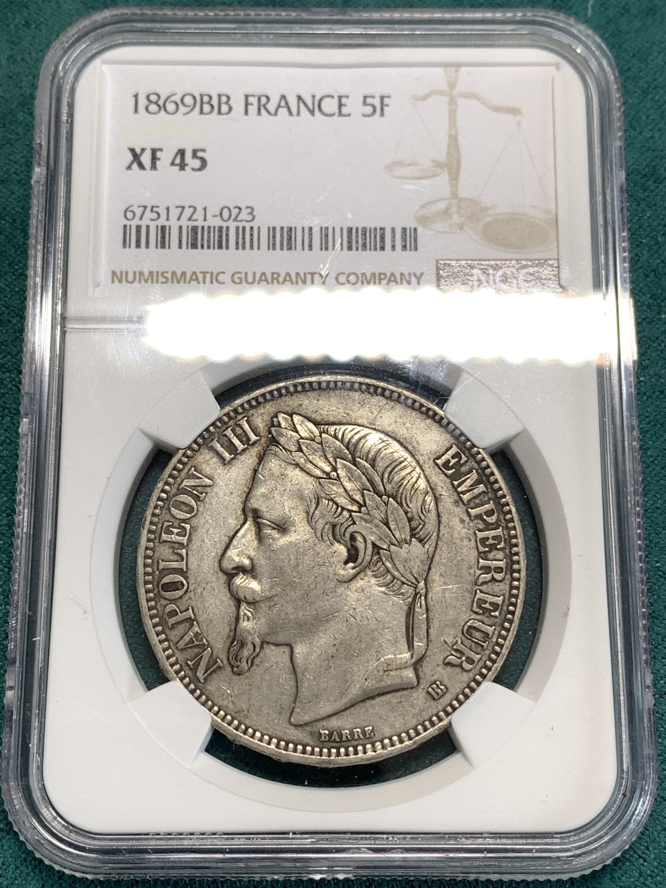 《竞宝斋》第186场-周日，周一 2场 (全场包邮) NGC XF45法国 1869年 拿三 5法郎银币 细节状态都不错 早期年份