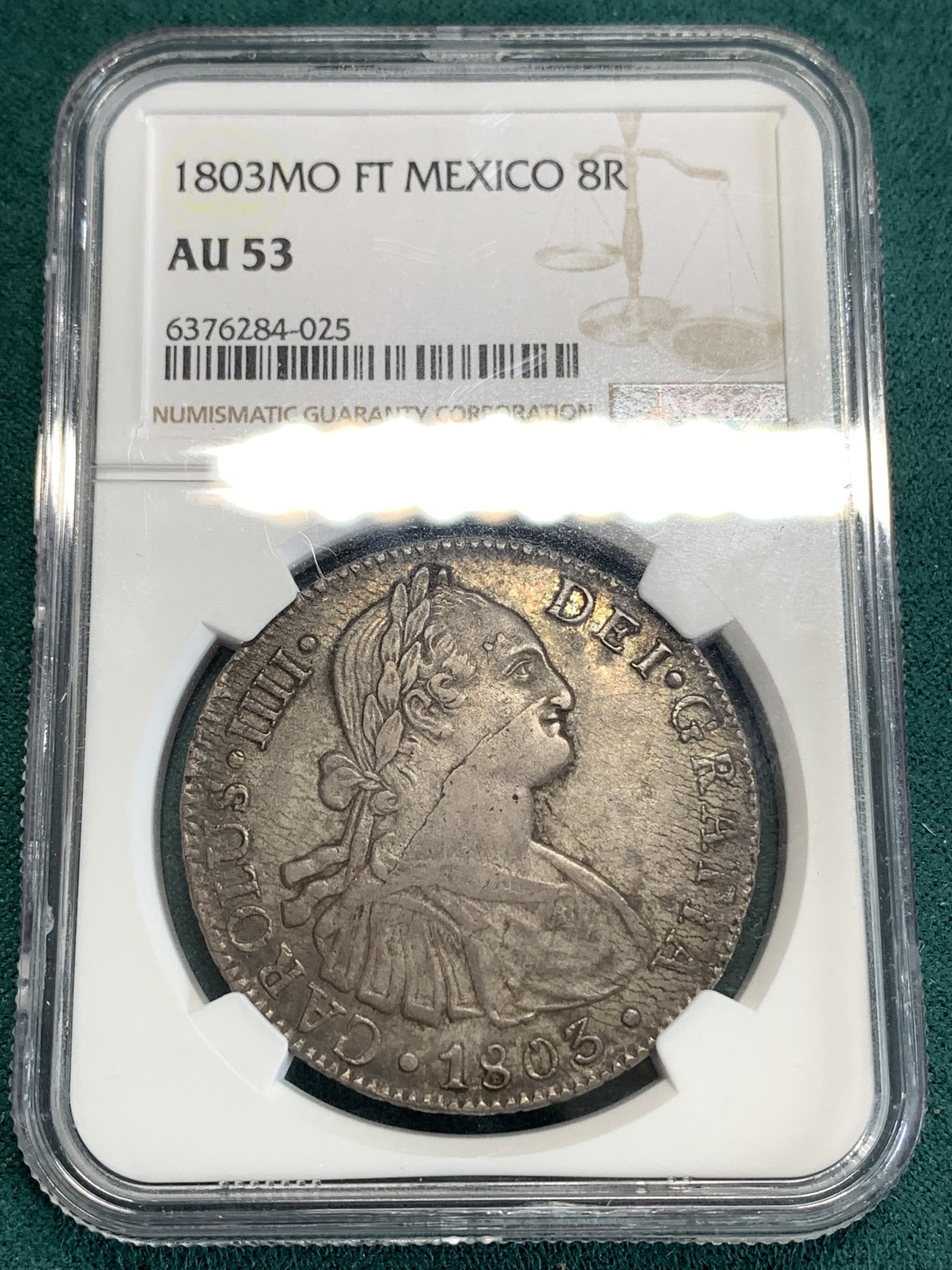 《竞宝斋》第186场-周日，周一 2场 (全场包邮) NGC-AU53 西属墨西哥 卡四 双柱 1803 MO FT 8瑞尔 原味重彩