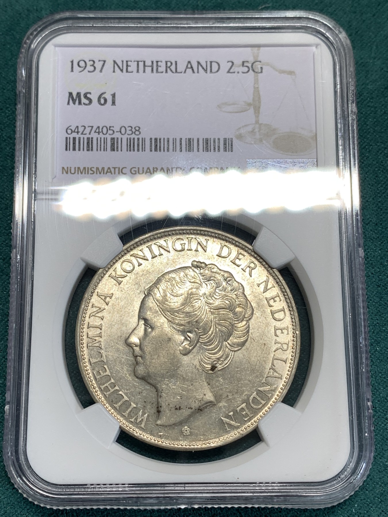 《竞宝斋》第186场-周日，周一 2场 (全场包邮) NGC MS61 荷兰1937年 威廉明娜 2.5盾 大银币 感觉分低了