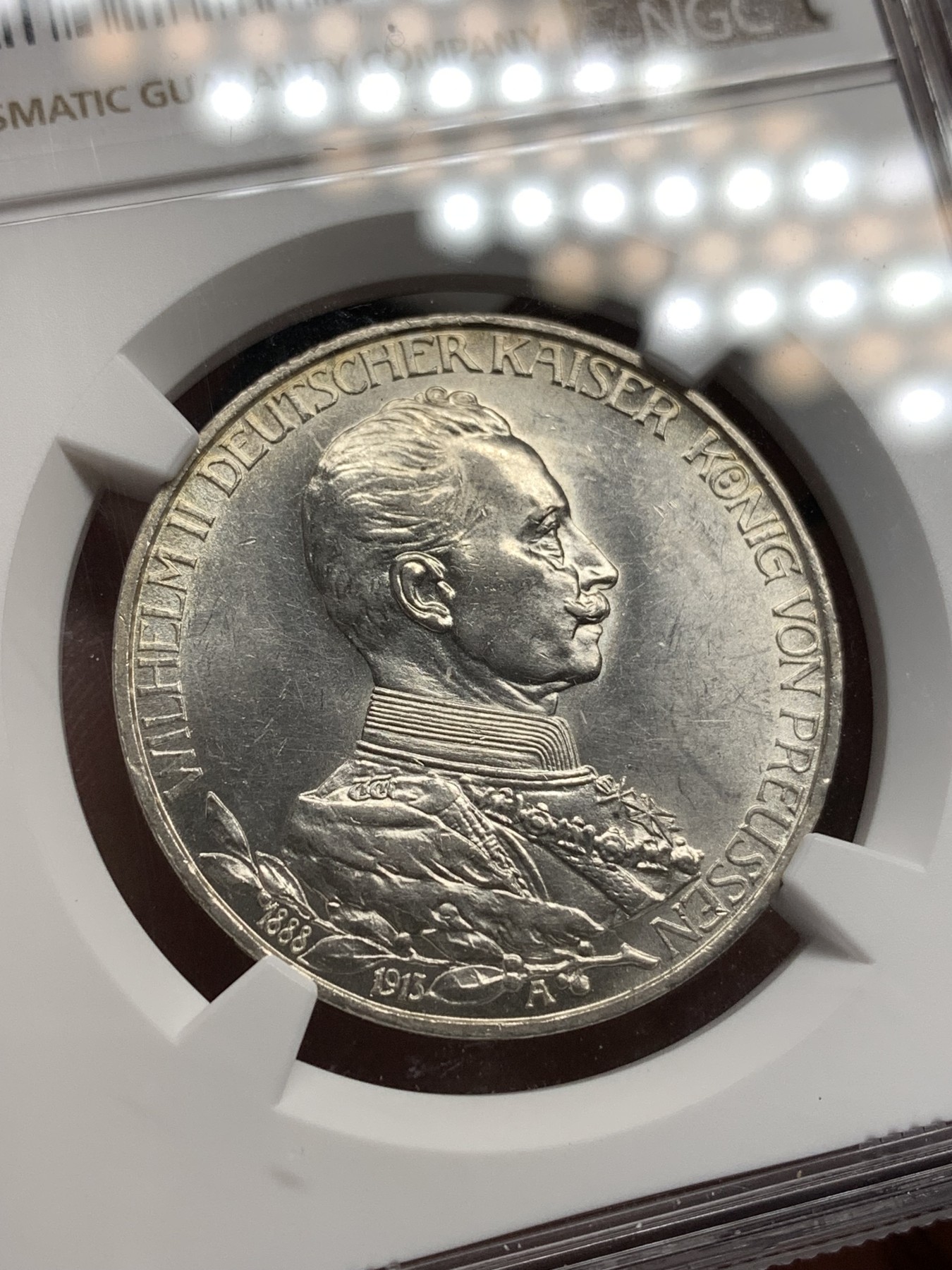 《竞宝斋》第186场-周日，周一 2场 (全场包邮) NGC-MS62 德国1913年 普鲁士 威廉二世登基25周年纪念3马克银币，转光极强