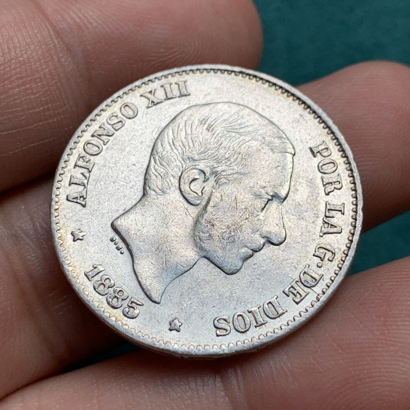 《竞宝斋》第186场-周日，周一 2场 (全场包邮) 1885年西属菲律宾半比索50分半圆型银币 菲律宾比本土少见很多 阿方索十二世 盾徽清晰漂亮