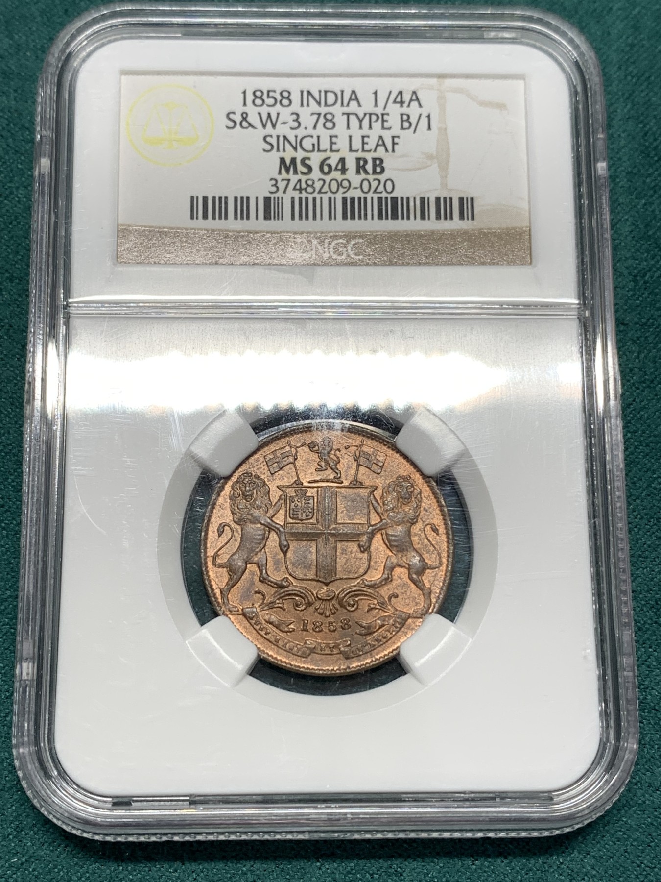 《竞宝斋》第186场-周日，周一 2场 (全场包邮) NGC-MS64RB 英属东印度公司-1/4安娜铜币-1858年