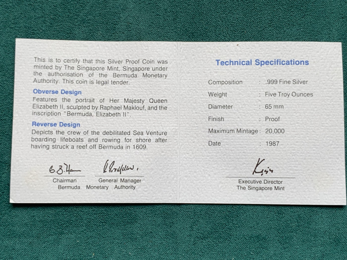 《竞宝斋》第186场-周日，周一 2场 (全场包邮) 百慕达群岛授权新加坡发行1987年5盎司银币（65mm，155.5克，999纯银）面值5dollars，铸造量2W枚，品相完美，附原盒原证书
