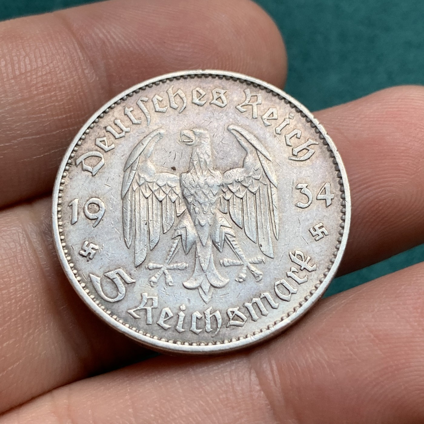 《竞宝斋》第186场-周日，周一 2场 (全场包邮) 1934年德国波茨坦教堂加字5马克银币