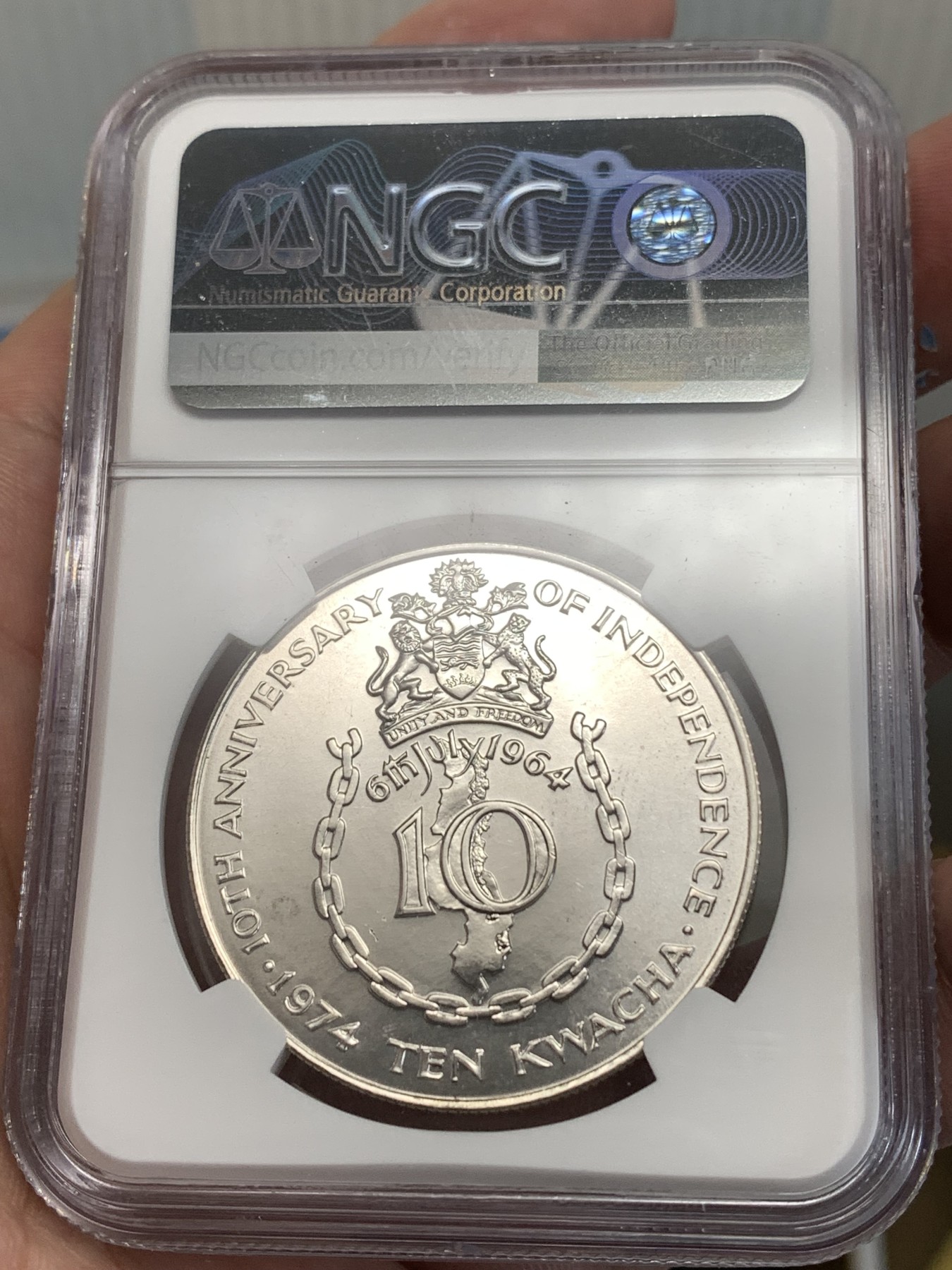《竞宝斋》第186场-周日，周一 2场 (全场包邮) NGC MS66 马拉维 1974年 独立10周年 10克瓦查大银币 28.28克 925银
