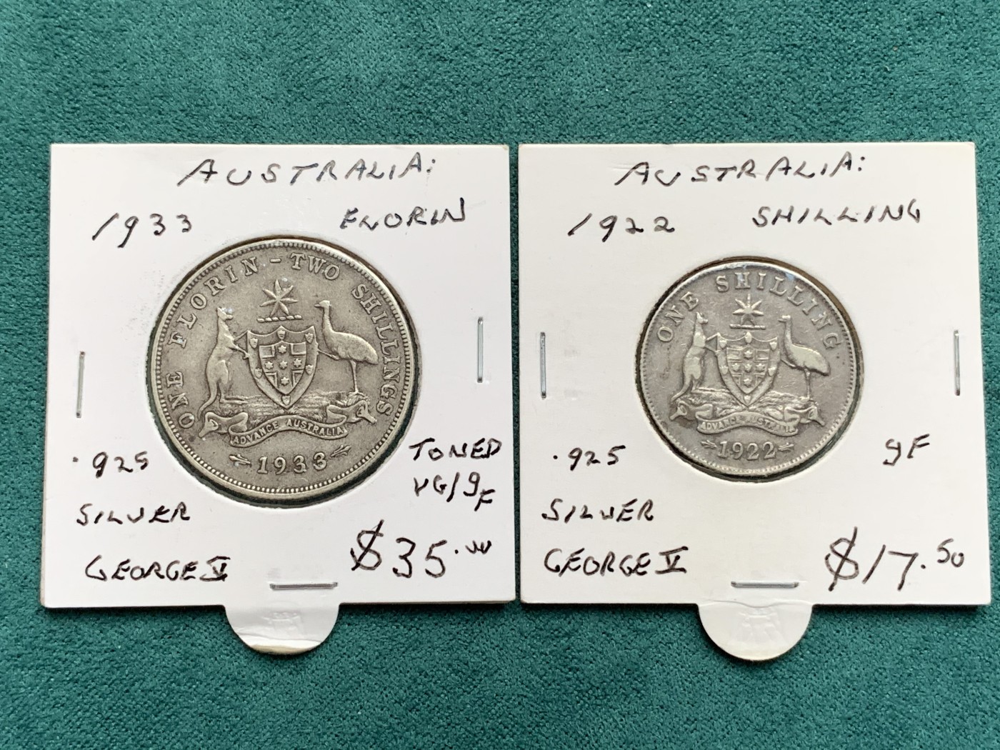 《竞宝斋》第186场-周日，周一 2场 (全场包邮) 2枚一组 澳大利亚 乔治五世 早期 925银 1先令+2先令各一枚 原味状态 高价品种