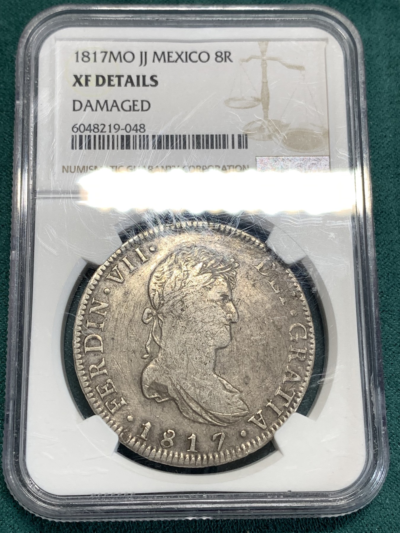 《竞宝斋》第186场-周日，周一 2场 (全场包邮) NGC–XF 墨西哥 1817年 费迪南七世 双柱大银币