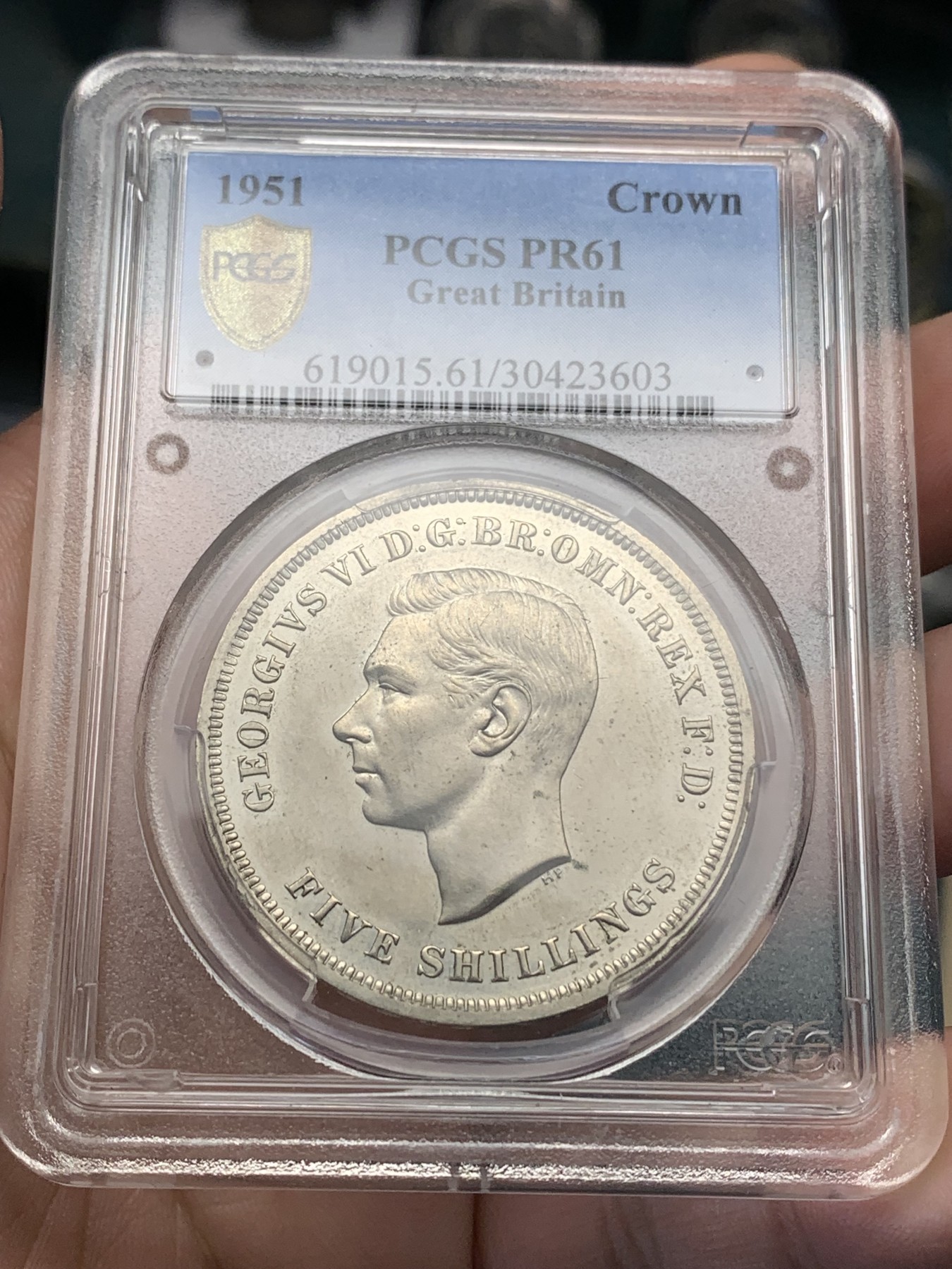 《竞宝斋》第186场-周日，周一 2场 (全场包邮) PCGS PR61 英国1951年乔治六世精制一克朗马剑 少见，常见PL普制版