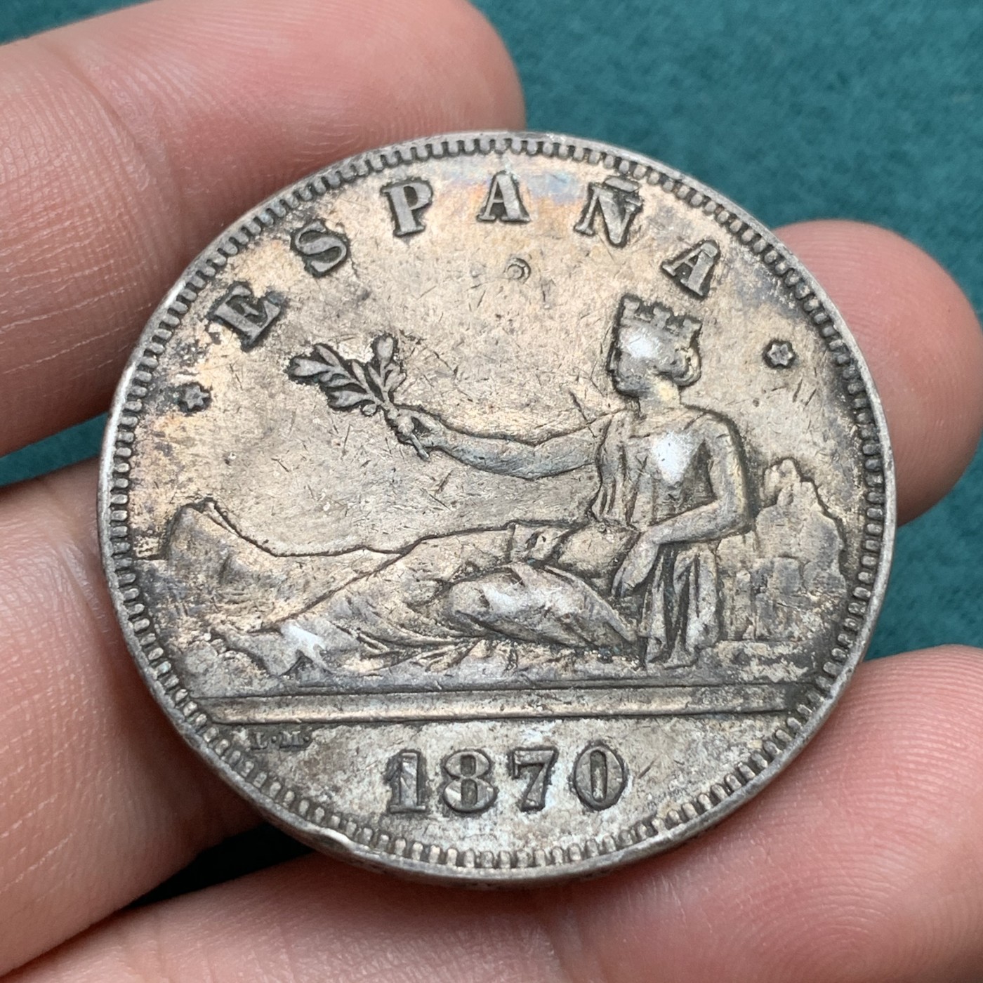 《竞宝斋》第186场-周日，周一 2场 (全场包邮) 西班牙 1870年 拿花5比塞塔银币 深五彩