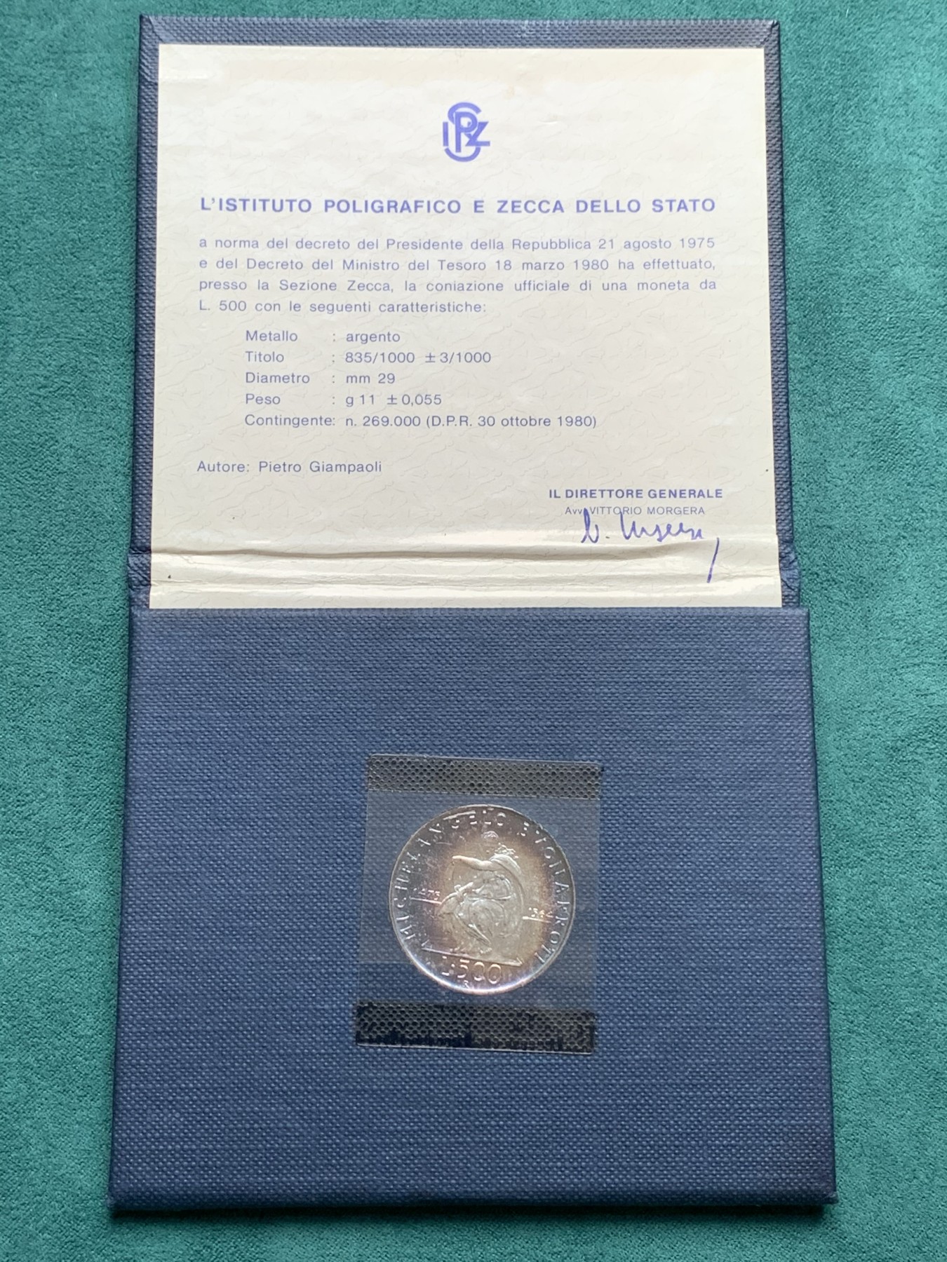 《竞宝斋》第186场-周日，周一 2场 (全场包邮) 卡装 意大利 1975年 米开朗基罗纪念 500里拉银币