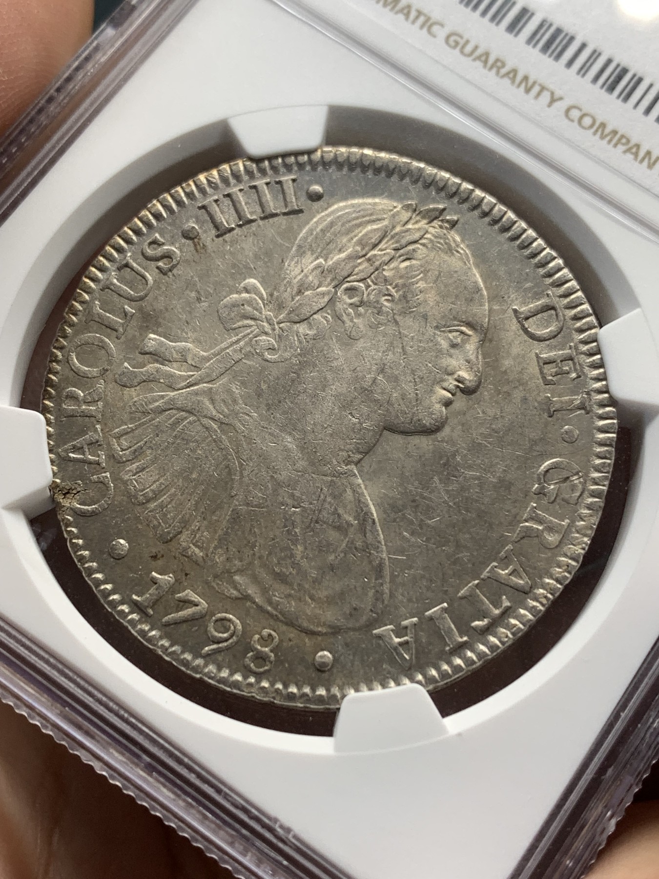 《竞宝斋》第186场-周日，周一 2场 (全场包邮) NGC-MS61 西属墨西哥 卡四 双柱 1798 MO FM 8瑞尔 大银币 外拍疯涨