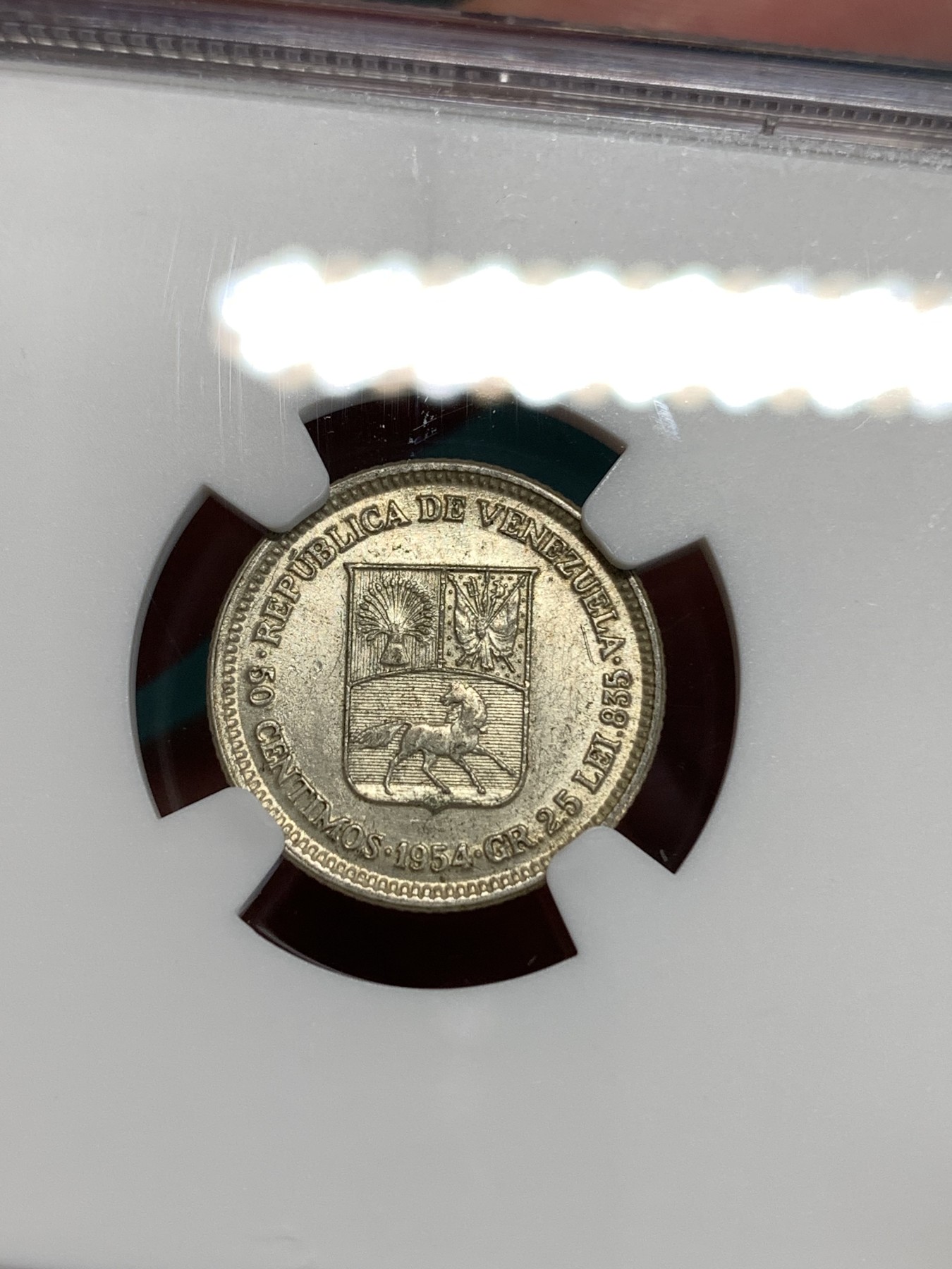 《竞宝斋》第186场-周日，周一 2场 (全场包邮) NGC MS62 委内瑞拉  1954年 50分银币