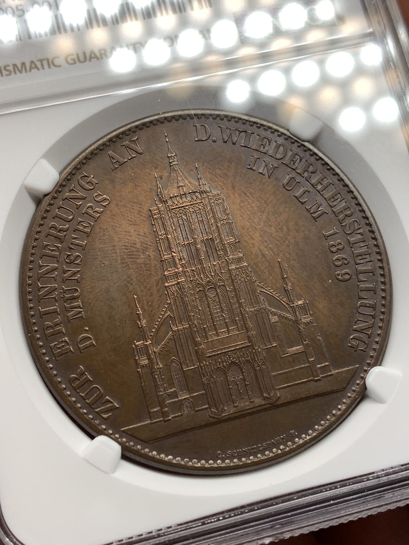 《竞宝斋》第186场-周日，周一 2场 (全场包邮) NGC-UNC 德国1923年乌尔姆教堂修复纪念铜章，一面和教堂泰勒同款