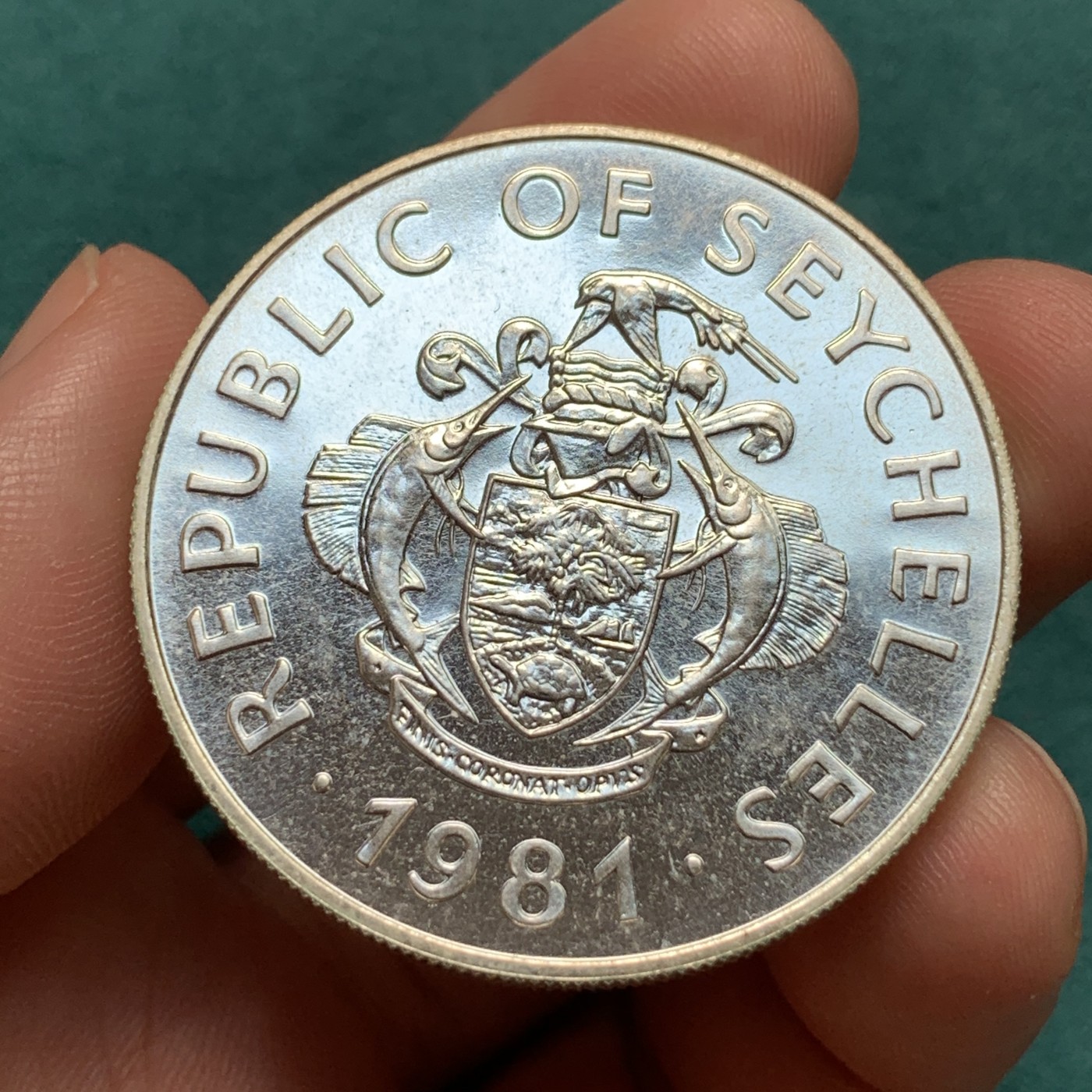 《竞宝斋》第186场-周日，周一 2场 (全场包邮) 塞舌尔1981年FAO纪念100卢比普制大银币，500银，直径41.2mm，重量35g，发行量1万枚，普制比精制的少