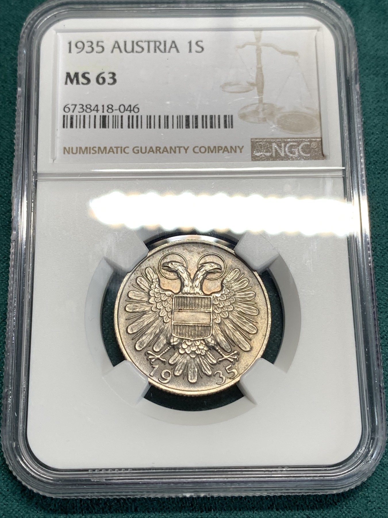 《竞宝斋》第186场-周日，周一 2场 (全场包邮) NGC-MS63 奥地利1935年 1先令银币，图案艺术性高，无可挑剔的品相