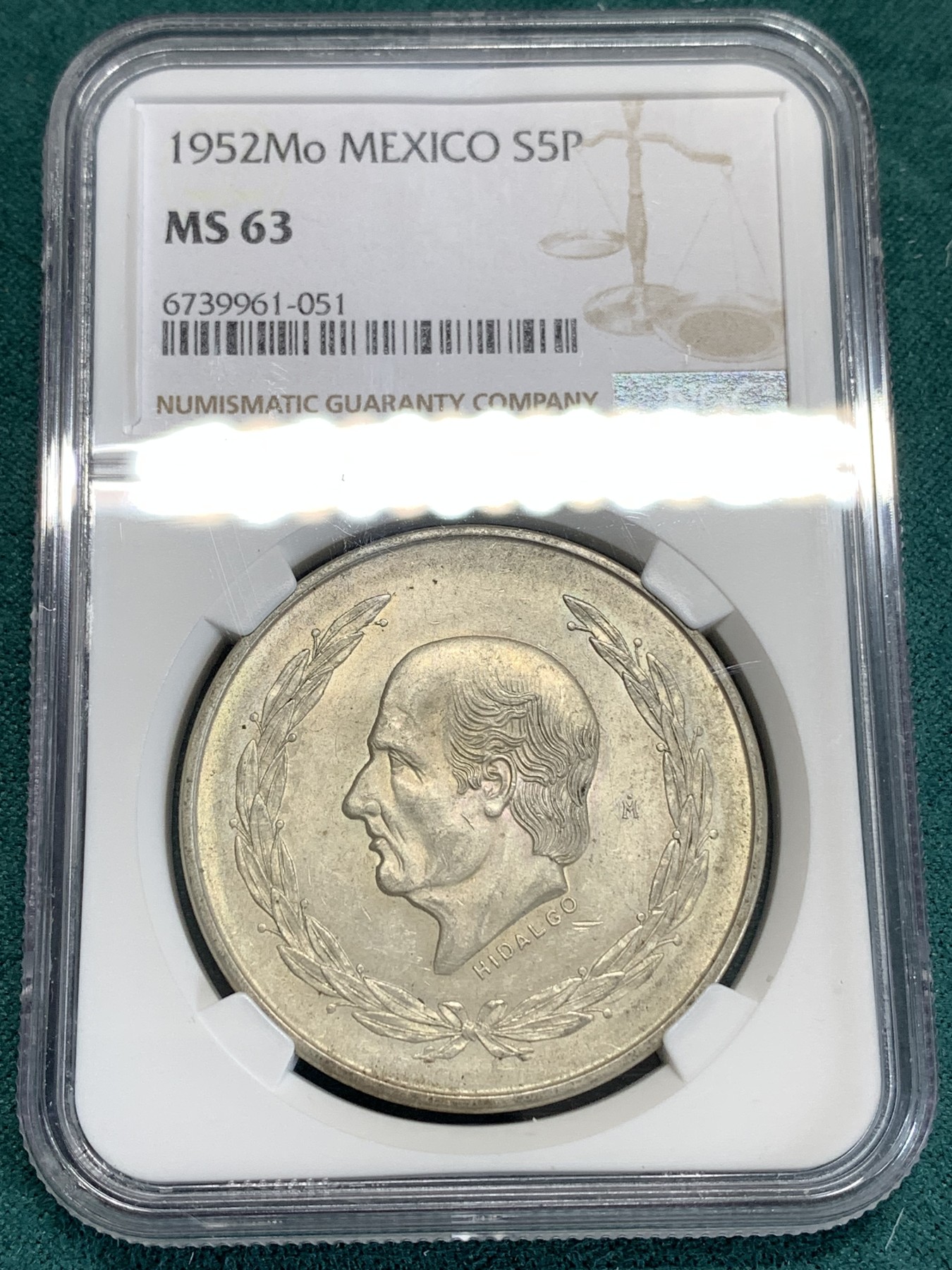 《竞宝斋》第186场-周日，周一 2场 (全场包邮) NGC-MS63 墨西哥1952年 5比索大银币 难得63分 好品太少了