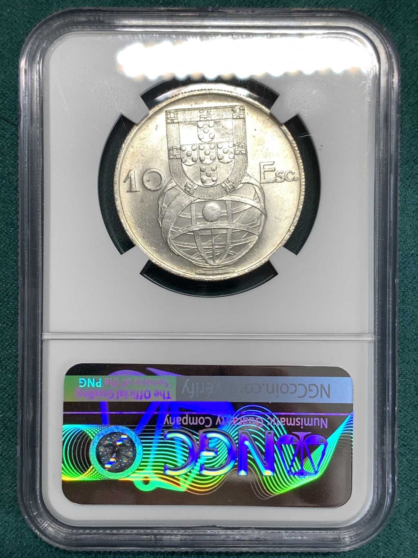 《竞宝斋》第186场-周日，周一 2场 (全场包邮) NGC MS63 葡萄牙 1955 10E 大帆船银币 淡彩包浆 漂亮的