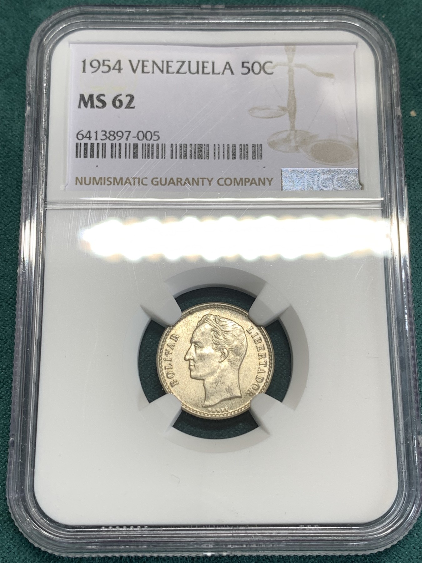 《竞宝斋》第186场-周日，周一 2场 (全场包邮) NGC MS62 委内瑞拉  1954年 50分银币