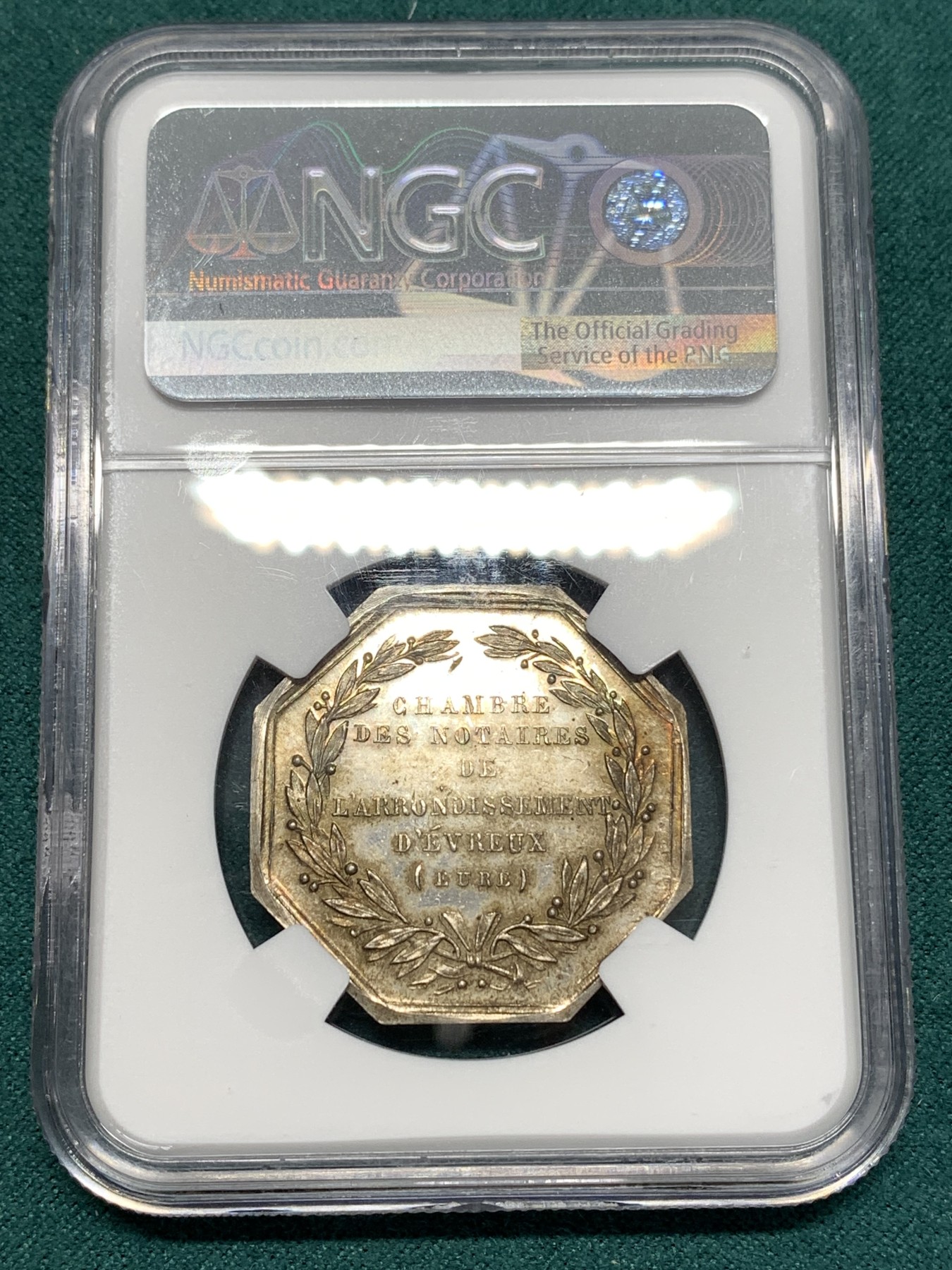 《竞宝斋》第186场-周日，周一 2场 (全场包邮) NGC MS61 法国 1860-1879 早期 公证人银质八角代币 细节好包浆美丽 蜜蜂边铭