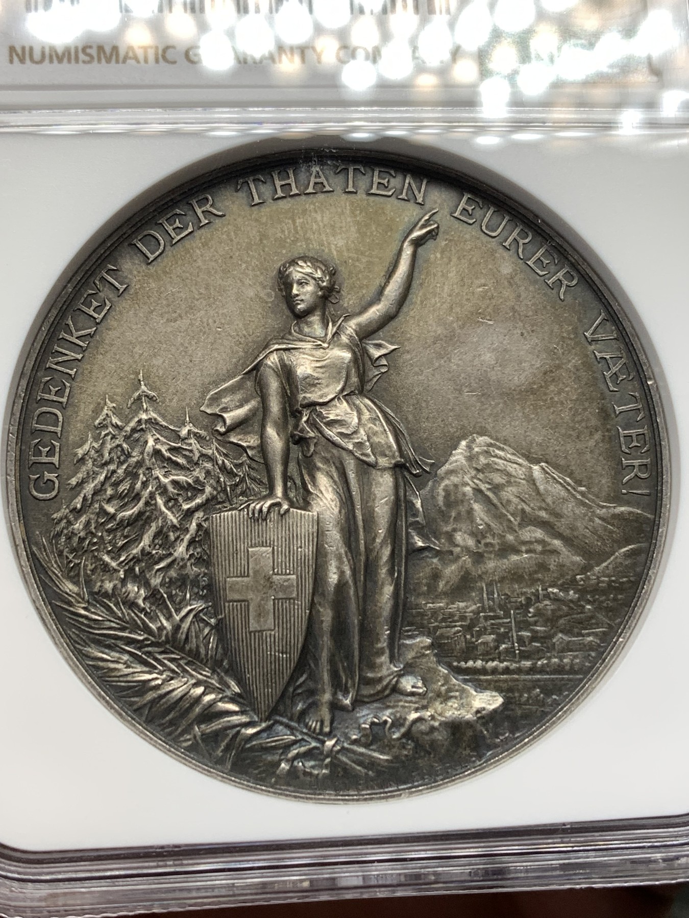 《竞宝斋》第186场-周日，周一 2场 (全场包邮) NGC-MS61 1892年格拉鲁斯瑞士射击节银章 品相很好 属于瑞士射击节中的精品银章 加厚盒装