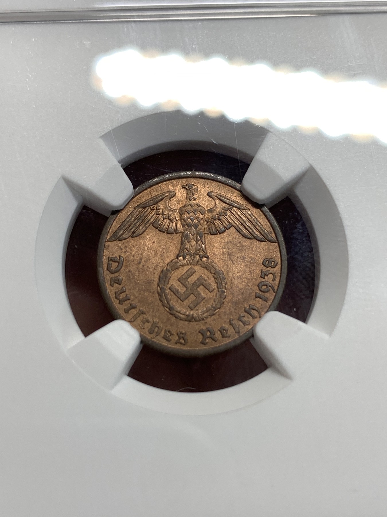 《竞宝斋》第186场-周日，周一 2场 (全场包邮) NGC MS62 德国 1938年 1芬尼铜币