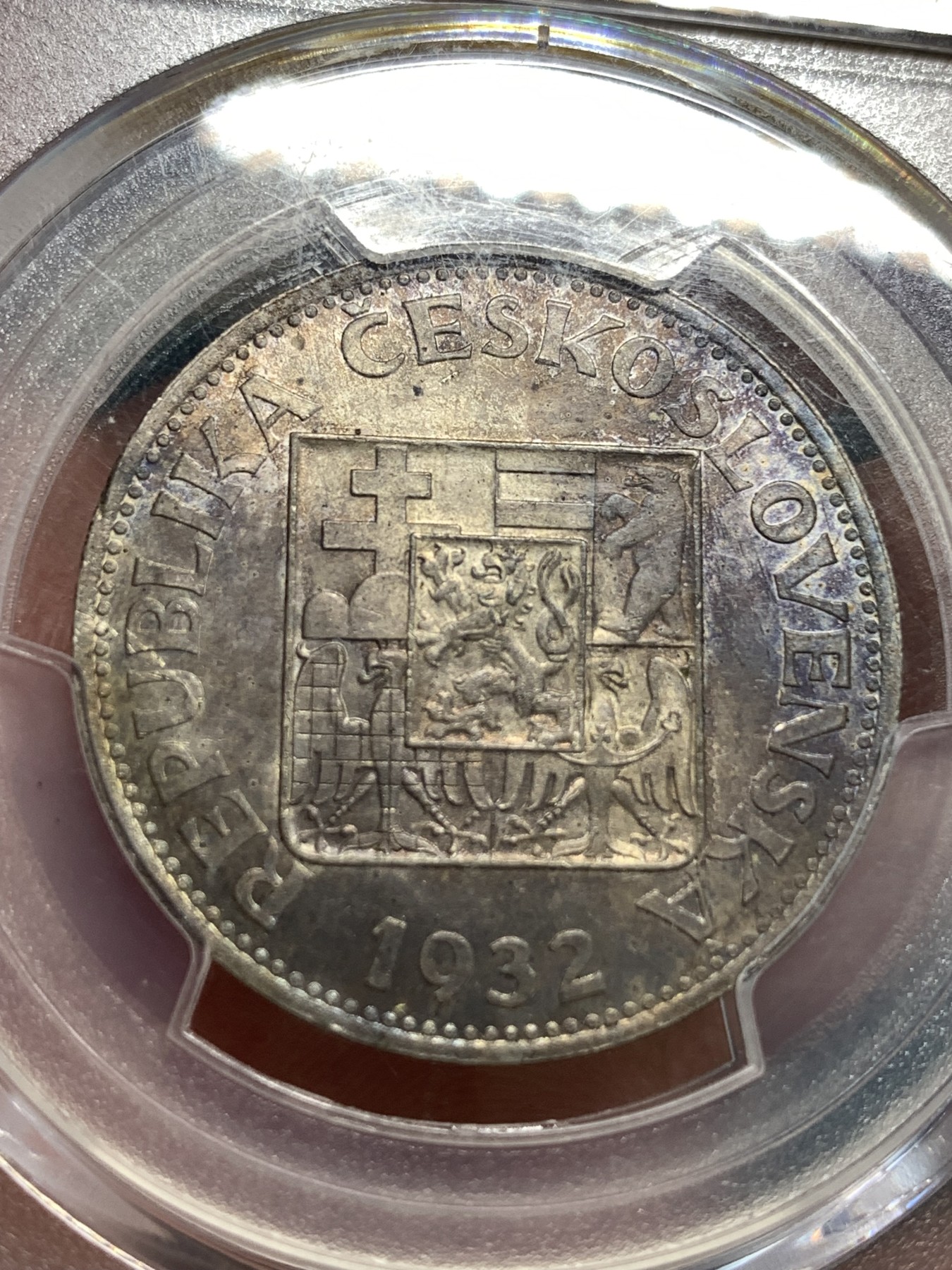 《竞宝斋》第186场-周日，周一 2场 (全场包邮) PCGS-MS64 冠军分 1932年 捷克斯洛伐克10克朗银币，植树女神。紫罗兰深彩包浆，高分好彩，顶级冠军品质