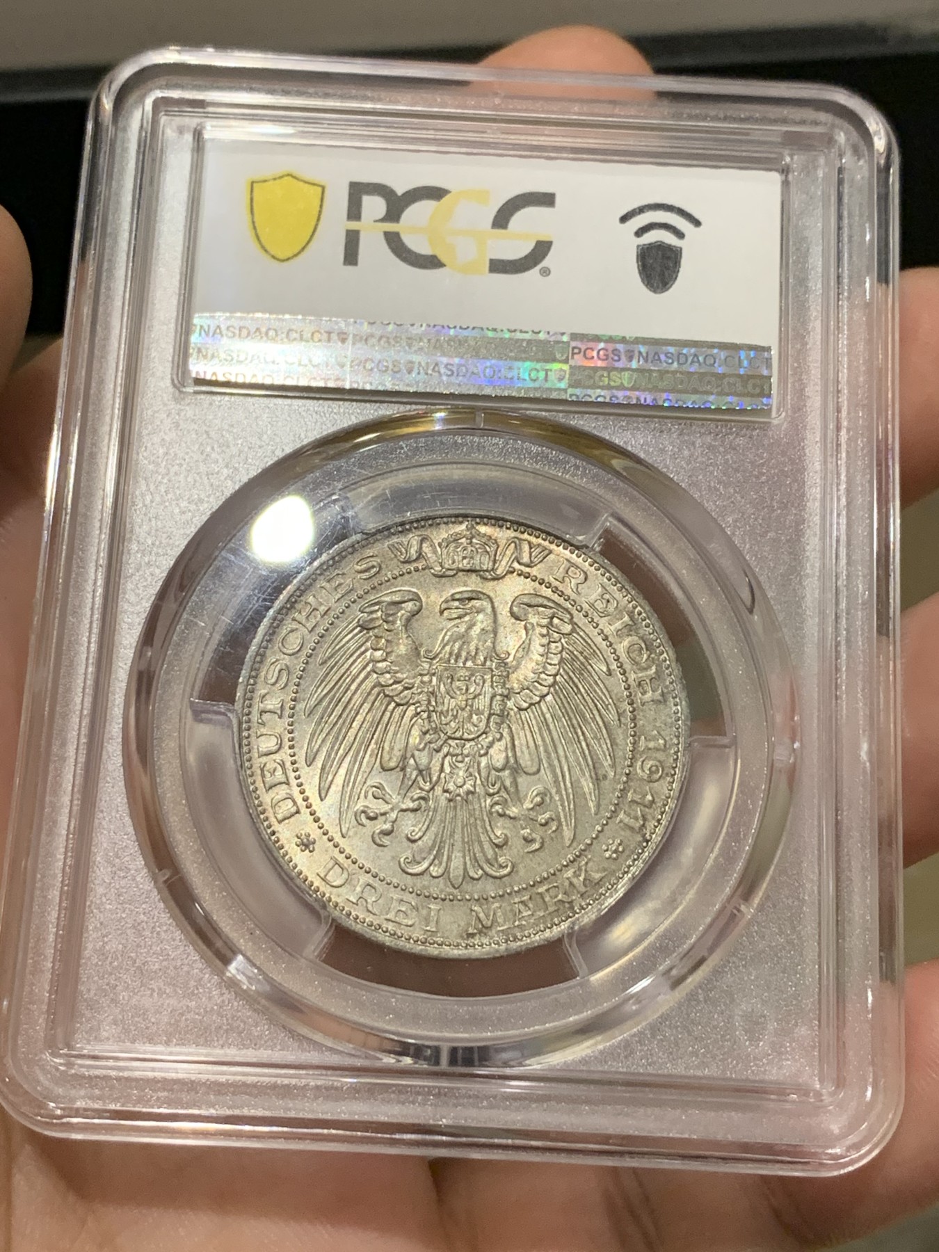 《竞宝斋》第186场-周日，周一 2场 (全场包邮) PCGS-MS65 德国普鲁士 1911年 布雷斯劳大学 3马克 高分仅十余枚