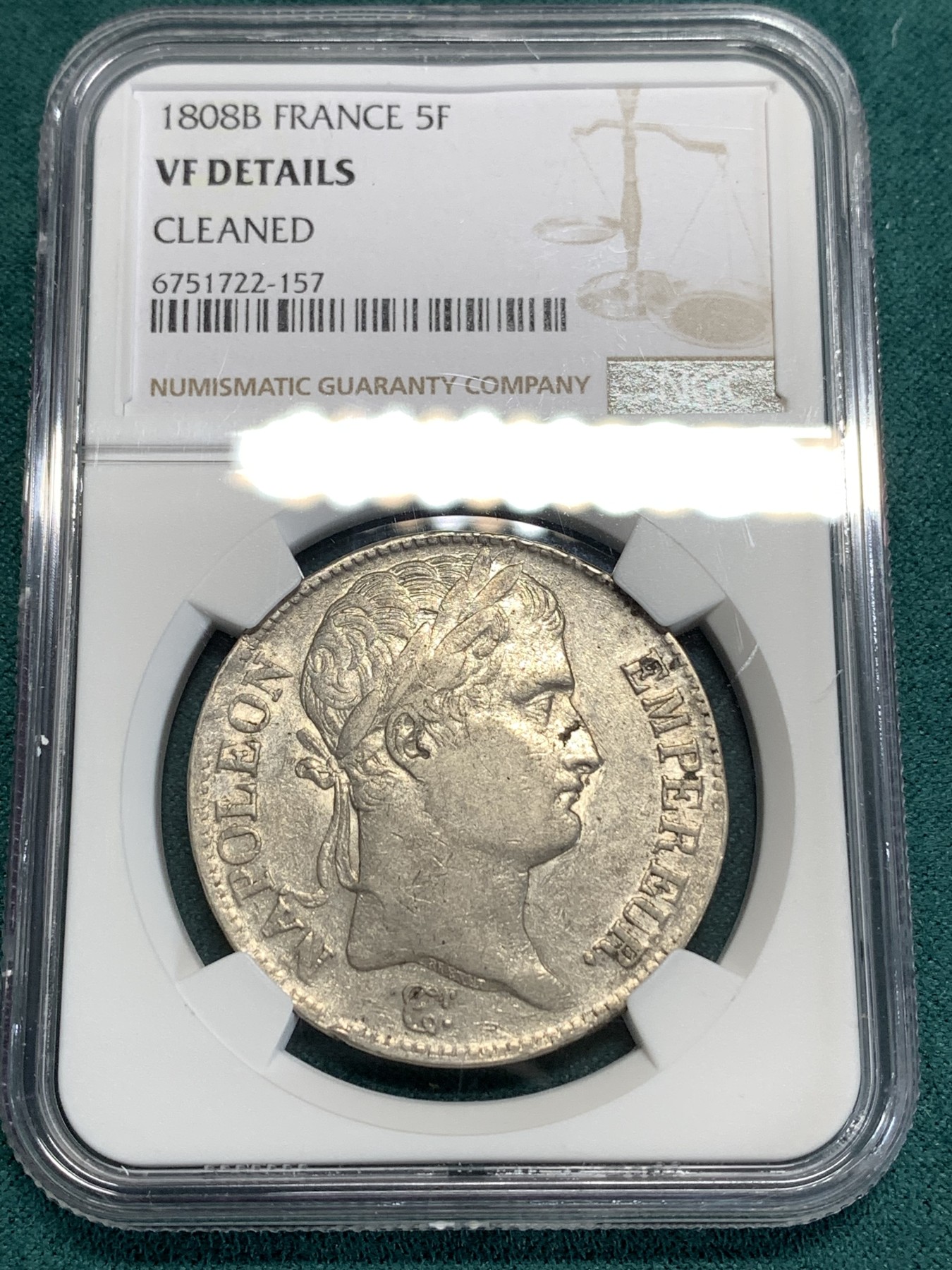 《竞宝斋》第186场-周日，周一 2场 (全场包邮) NGC VF 法国1808年 拿破仑一世 5法郎银币 不多的年份 B厂也少见