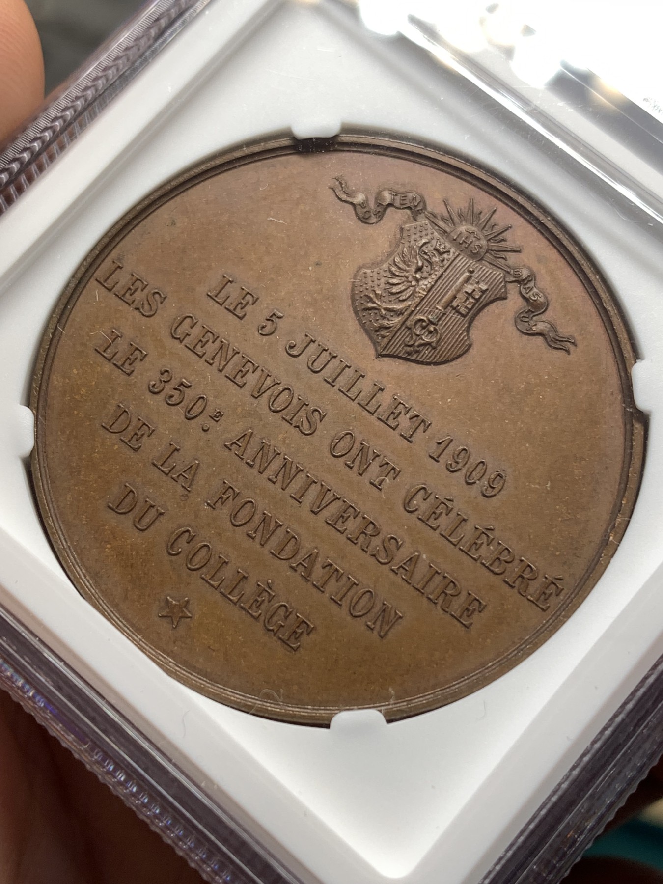 《竞宝斋》第186场-周日，周一 2场 (全场包邮) NGC MS63 瑞士  1909 日内瓦文学奖 大铜章 细节好加厚盒子