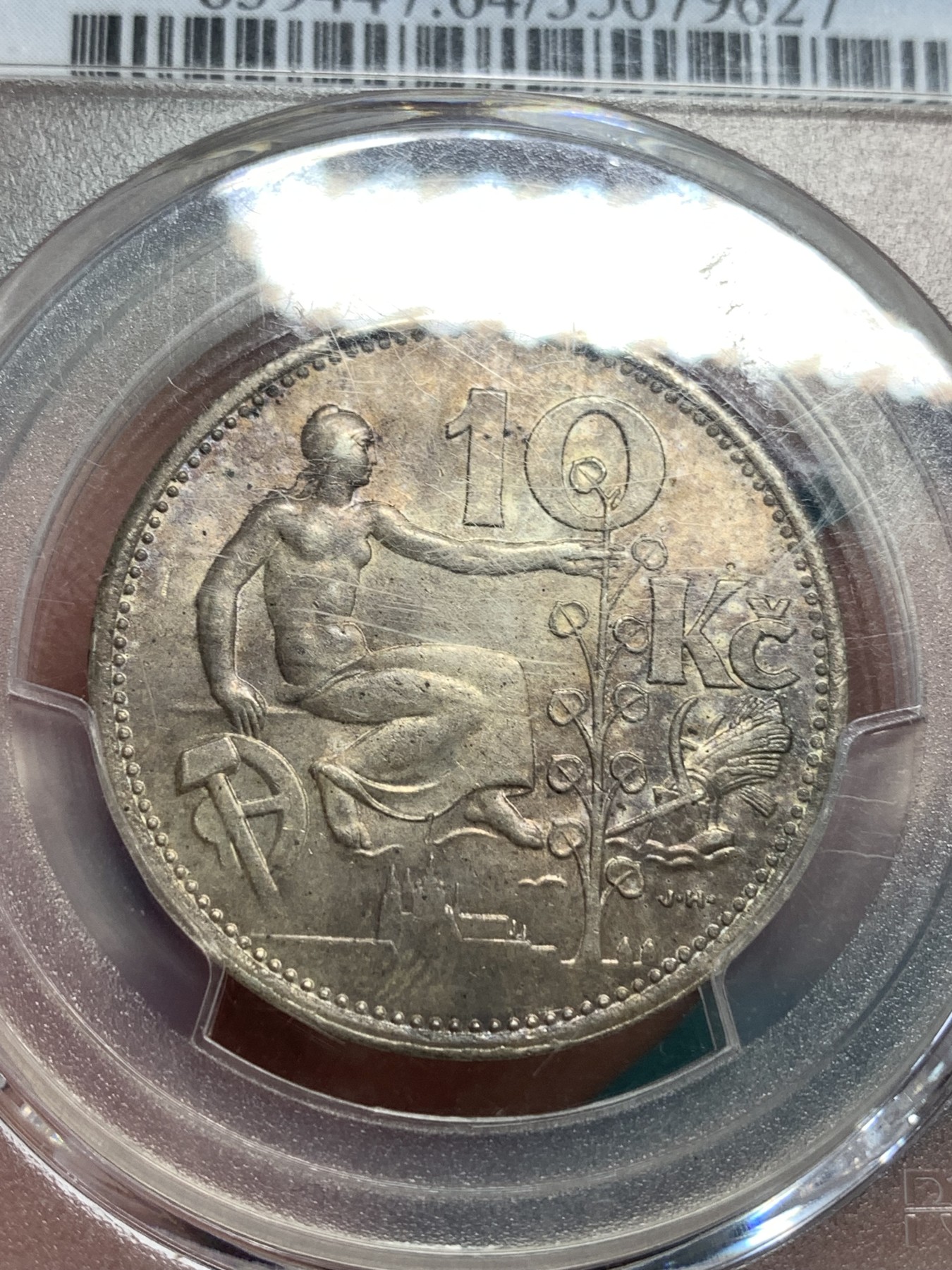 《竞宝斋》第186场-周日，周一 2场 (全场包邮) PCGS-MS64 冠军分 1932年 捷克斯洛伐克10克朗银币，植树女神。紫罗兰深彩包浆，高分好彩，顶级冠军品质