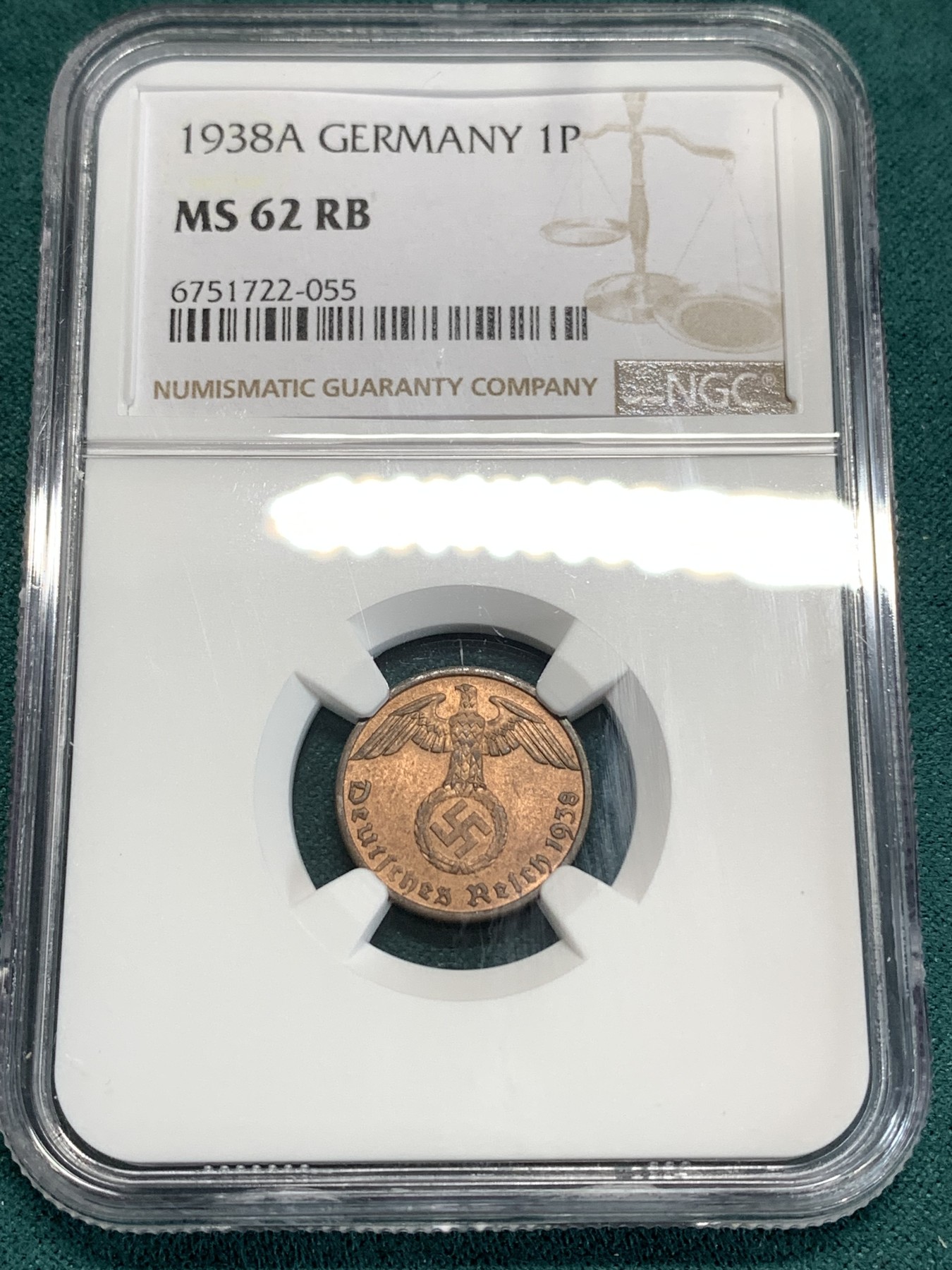 《竞宝斋》第186场-周日，周一 2场 (全场包邮) NGC MS62 德国 1938年 1芬尼铜币