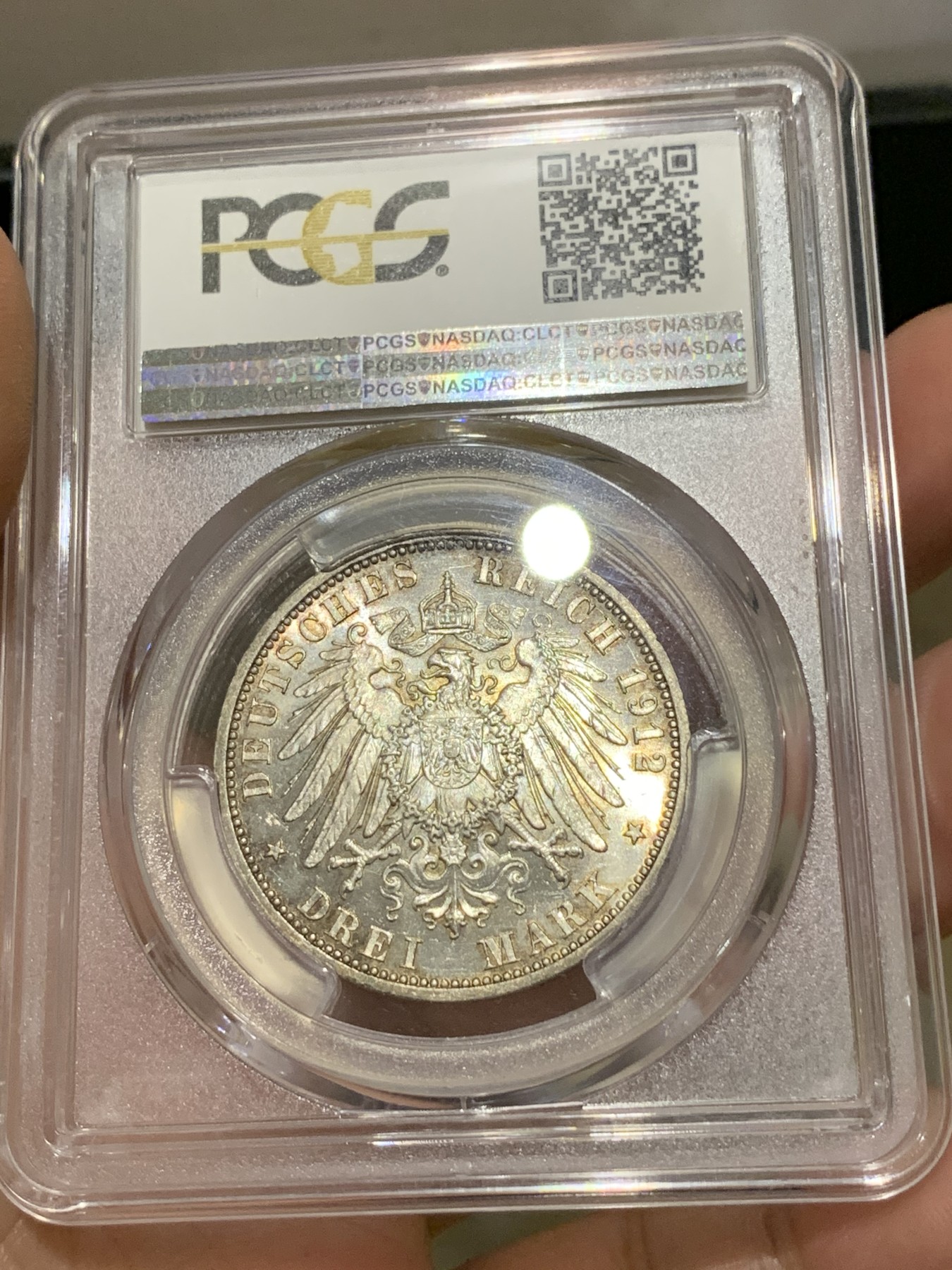 《竞宝斋》第186场-周日，周一 2场 (全场包邮) PCGS-MS63 德国普鲁士 1912年 威廉二世3马克 超炫转光