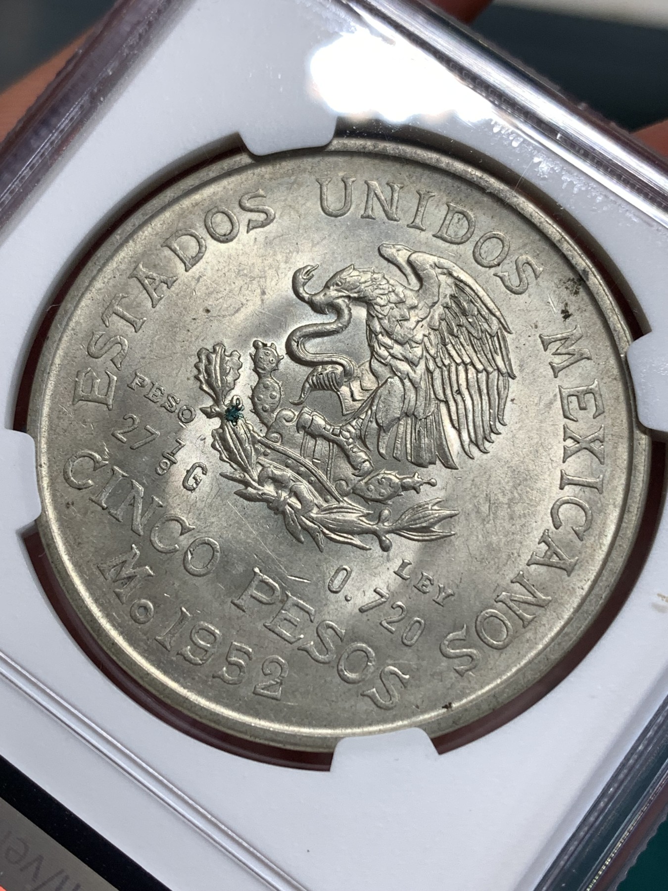 《竞宝斋》第186场-周日，周一 2场 (全场包邮) NGC-MS63 墨西哥1952年 5比索大银币 难得63分 好品太少了