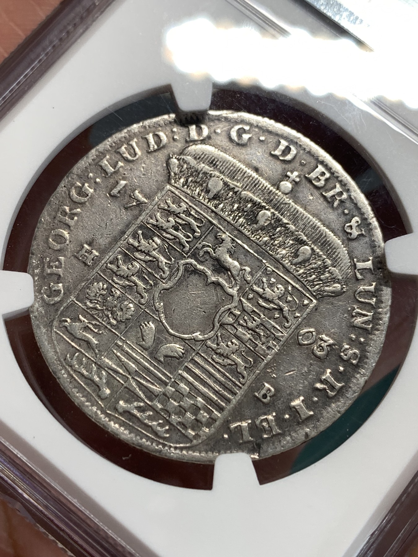 《竞宝斋》第186场-周日，周一 2场 (全场包邮) NGC XF 德国 不伦瑞克1703年2/3奔马泰勒银币 等同于后期1泰勒银币