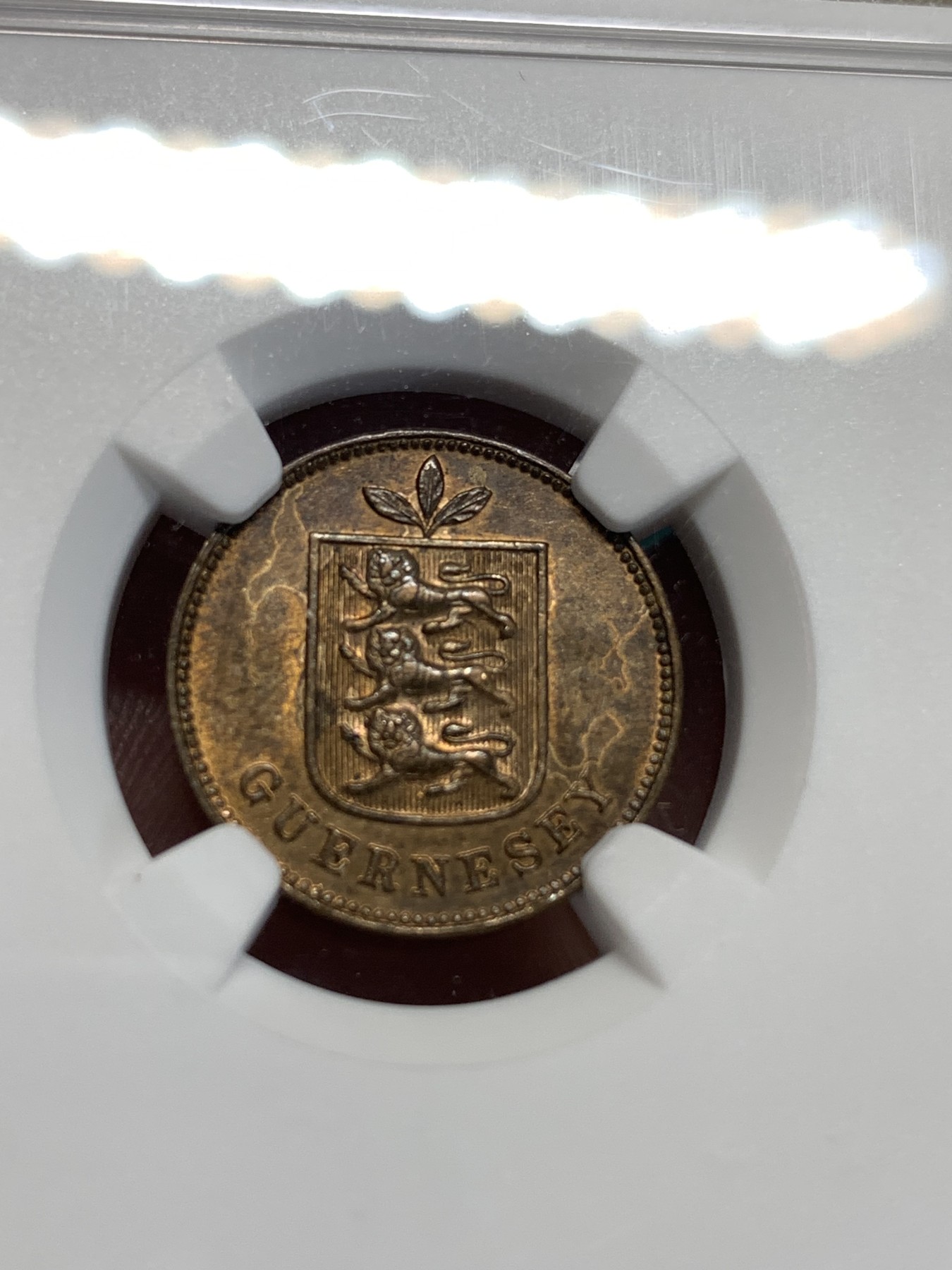 《竞宝斋》第186场-周日，周一 2场 (全场包邮) NGC MS62BN 1885年根西1D铜币，品相精美，维多利亚时期的好品少见