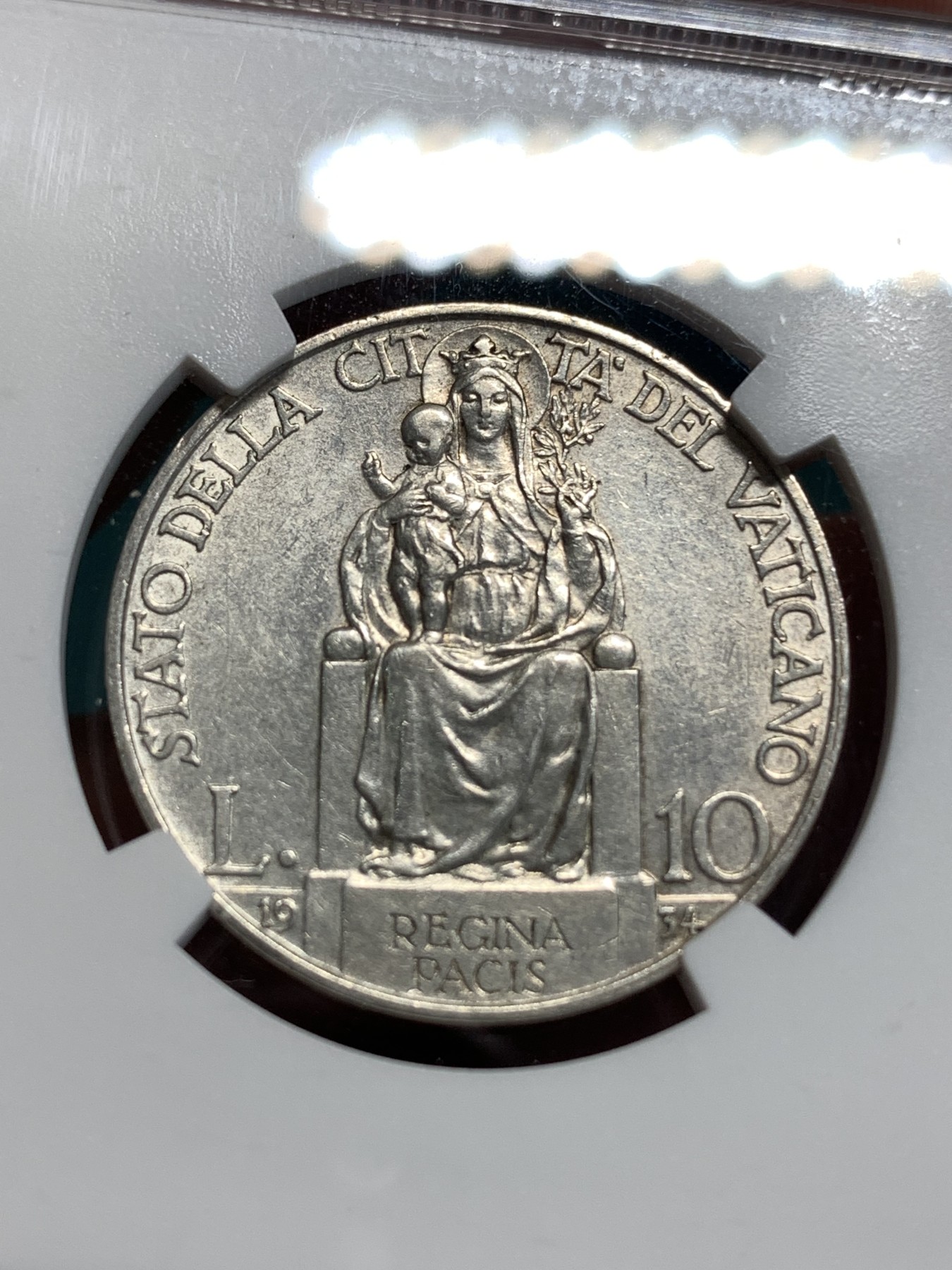 《竞宝斋》第186场-周日，周一 2场 (全场包邮) NGC-AUD 1934年梵蒂冈早期10里拉银币，少见年份非常见1930版