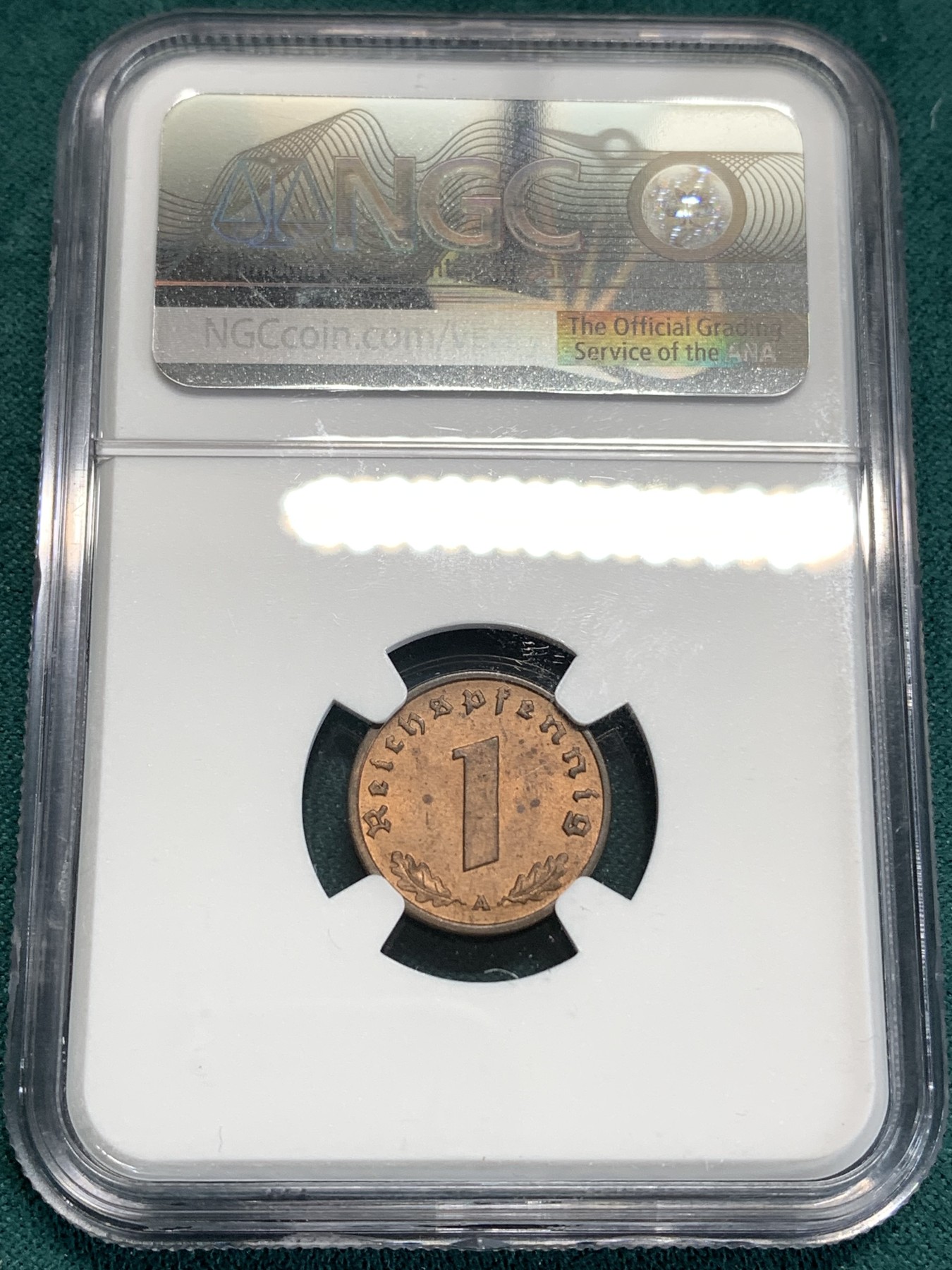 《竞宝斋》第186场-周日，周一 2场 (全场包邮) NGC MS62 德国 1938年 1芬尼铜币