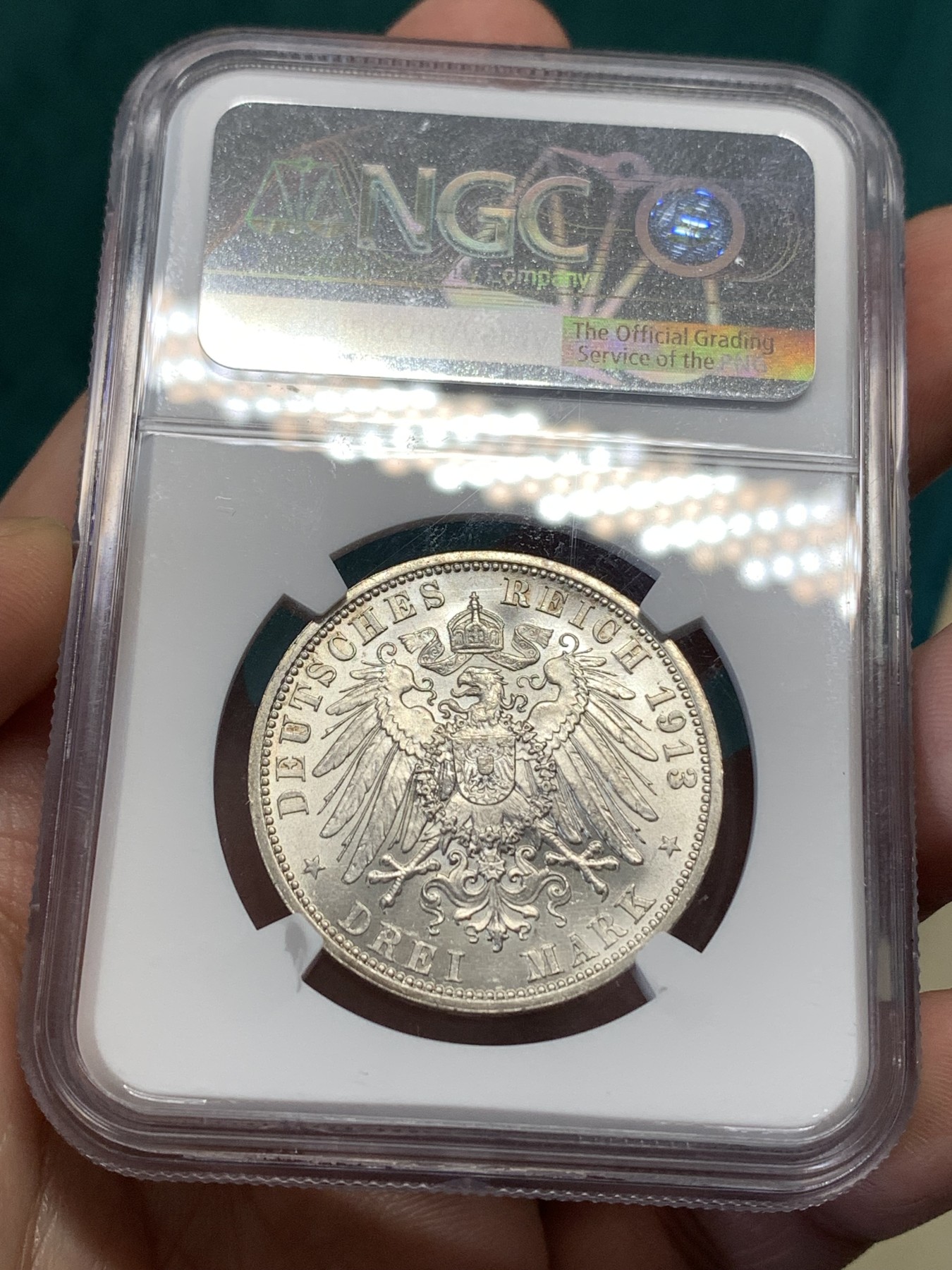 《竞宝斋》第186场-周日，周一 2场 (全场包邮) NGC-MS62 德国1913年 普鲁士 威廉二世登基25周年纪念3马克银币，转光极强