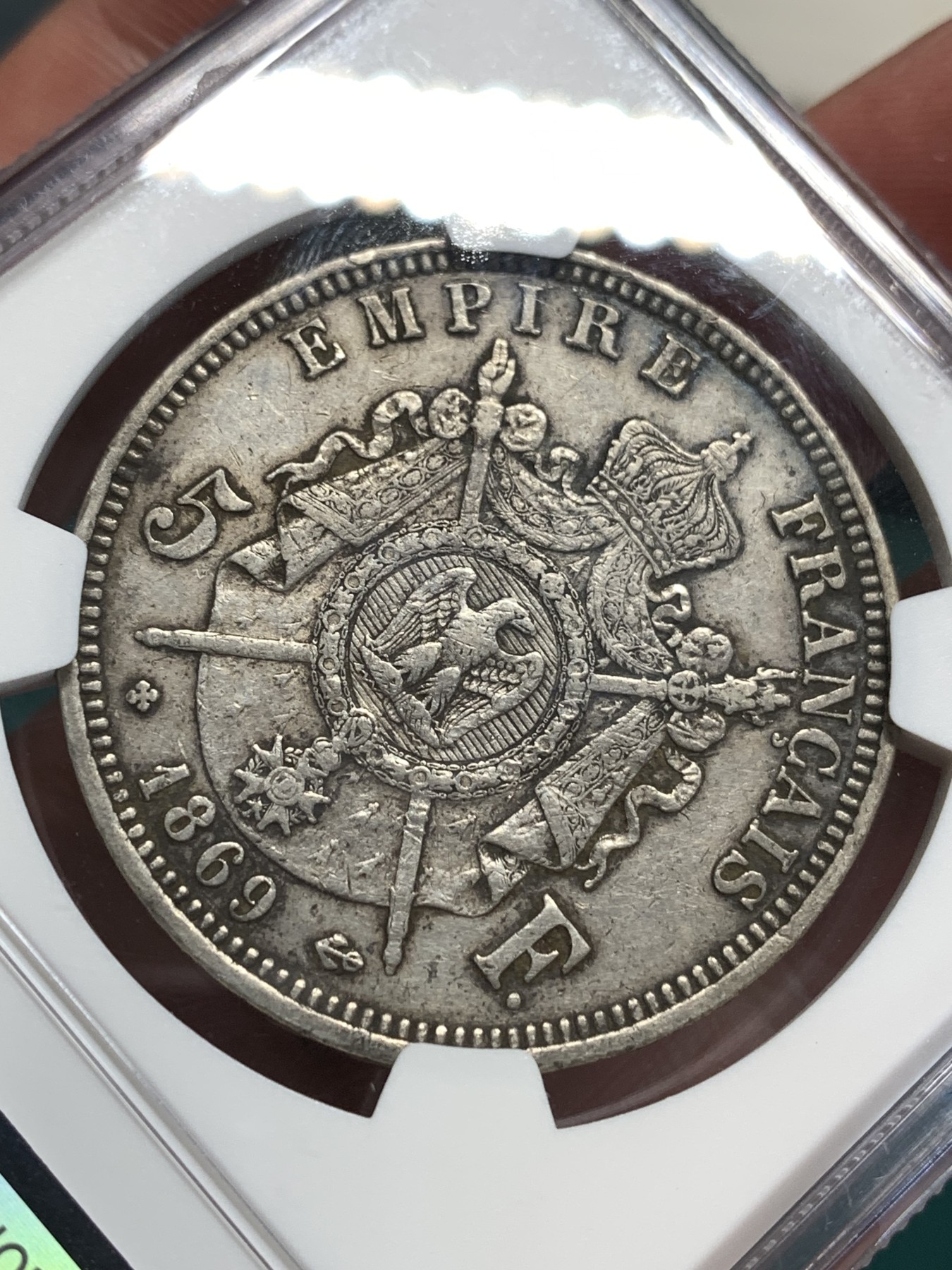 《竞宝斋》第186场-周日，周一 2场 (全场包邮) NGC XF45法国 1869年 拿三 5法郎银币 细节状态都不错 早期年份