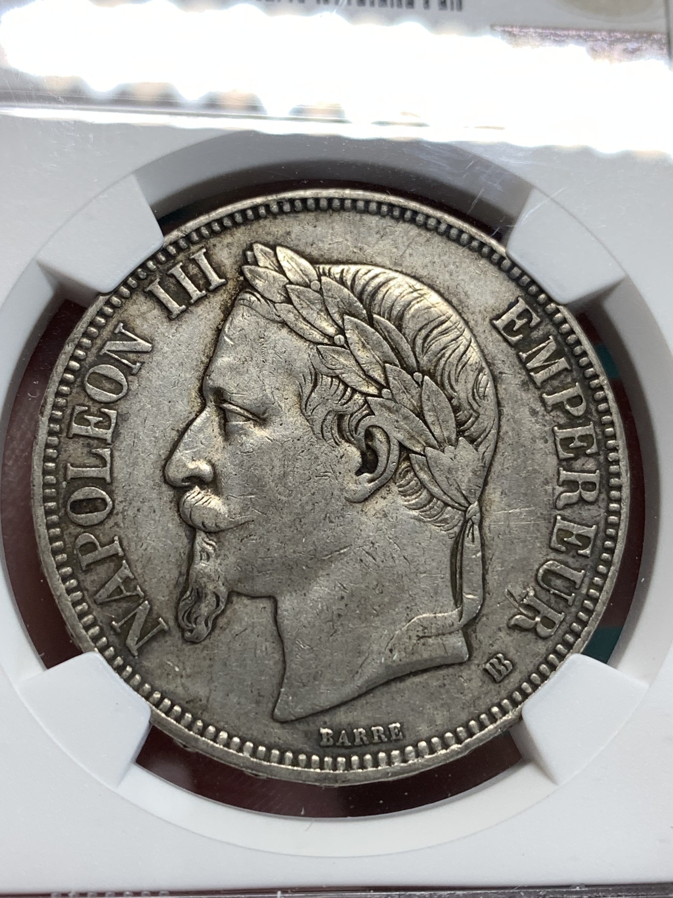 《竞宝斋》第186场-周日，周一 2场 (全场包邮) NGC XF45法国 1869年 拿三 5法郎银币 细节状态都不错 早期年份