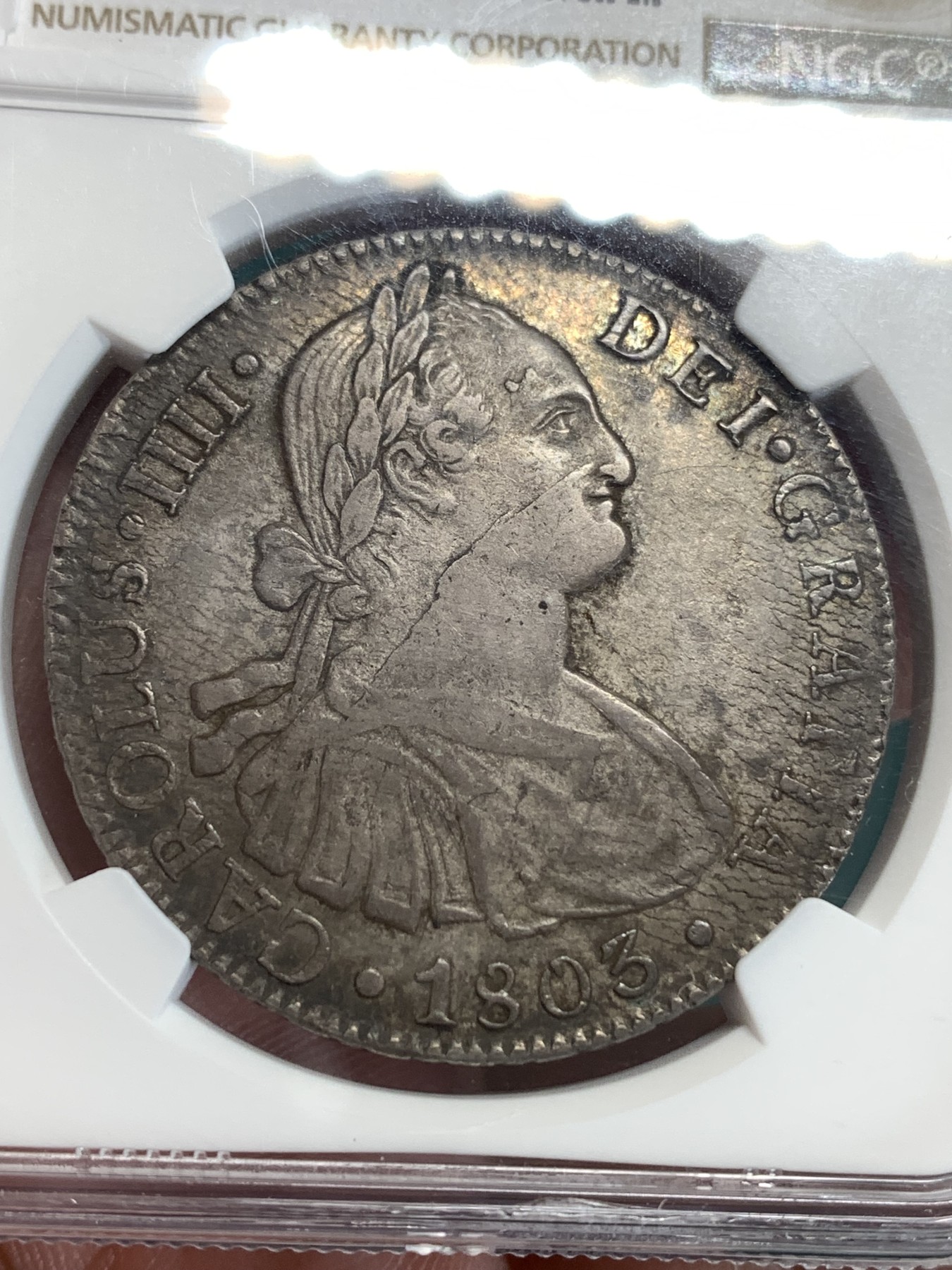 《竞宝斋》第186场-周日，周一 2场 (全场包邮) NGC-AU53 西属墨西哥 卡四 双柱 1803 MO FT 8瑞尔 原味重彩