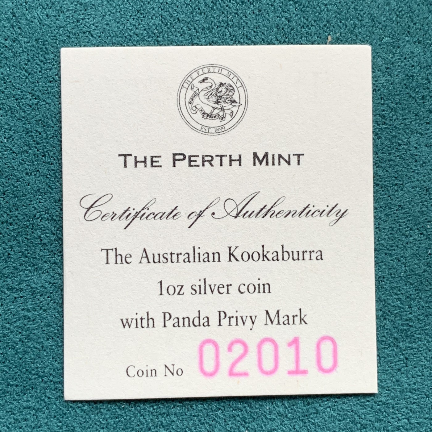 《竞宝斋》第186场-周日，周一 2场 (全场包邮) 澳大利亚 1997年 翠鸟 密印金熊猫1盎司银币 999银 31.1克 带盒证 1币1证 1.5W的量 少见品种