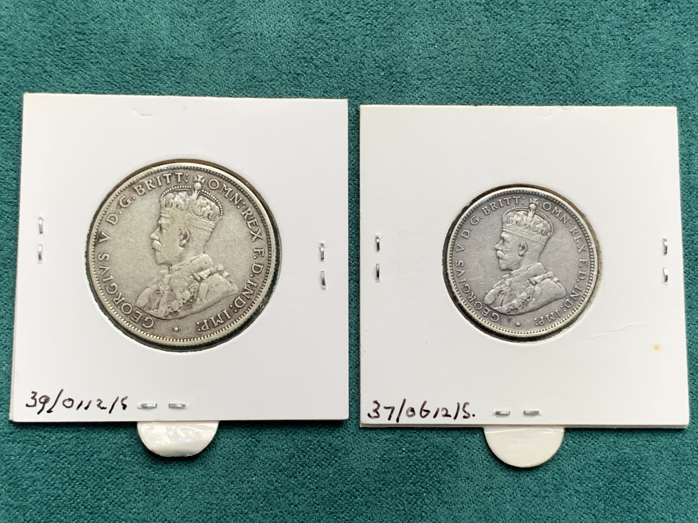 《竞宝斋》第186场-周日，周一 2场 (全场包邮) 2枚一组 澳大利亚 乔治五世 早期 925银 1先令+2先令各一枚 原味状态 高价品种