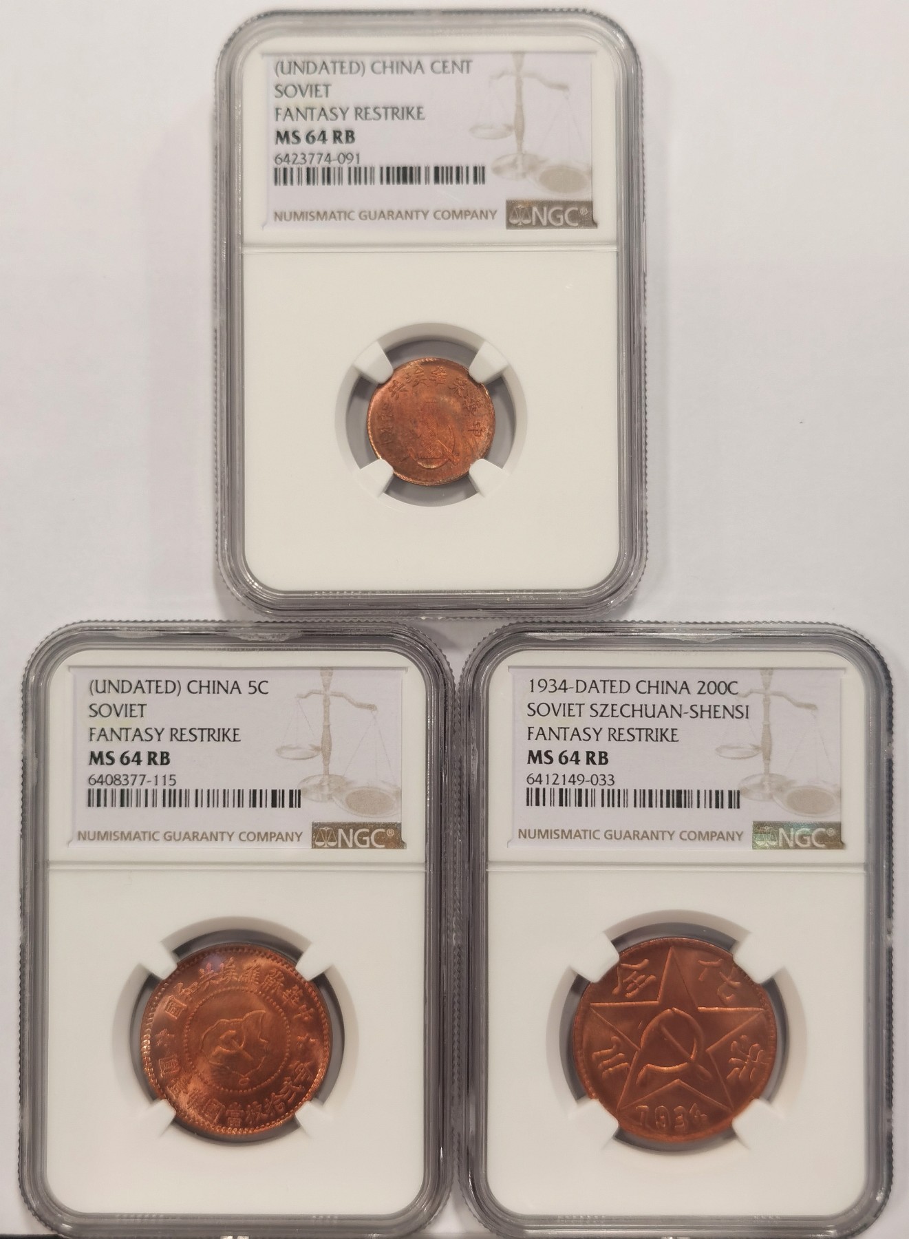 博洋堂世界钱币拍卖第037期（全场包邮） NGC MS64RB 苏维埃一分、五分、川陕二百文后铸三枚全套 同分难得